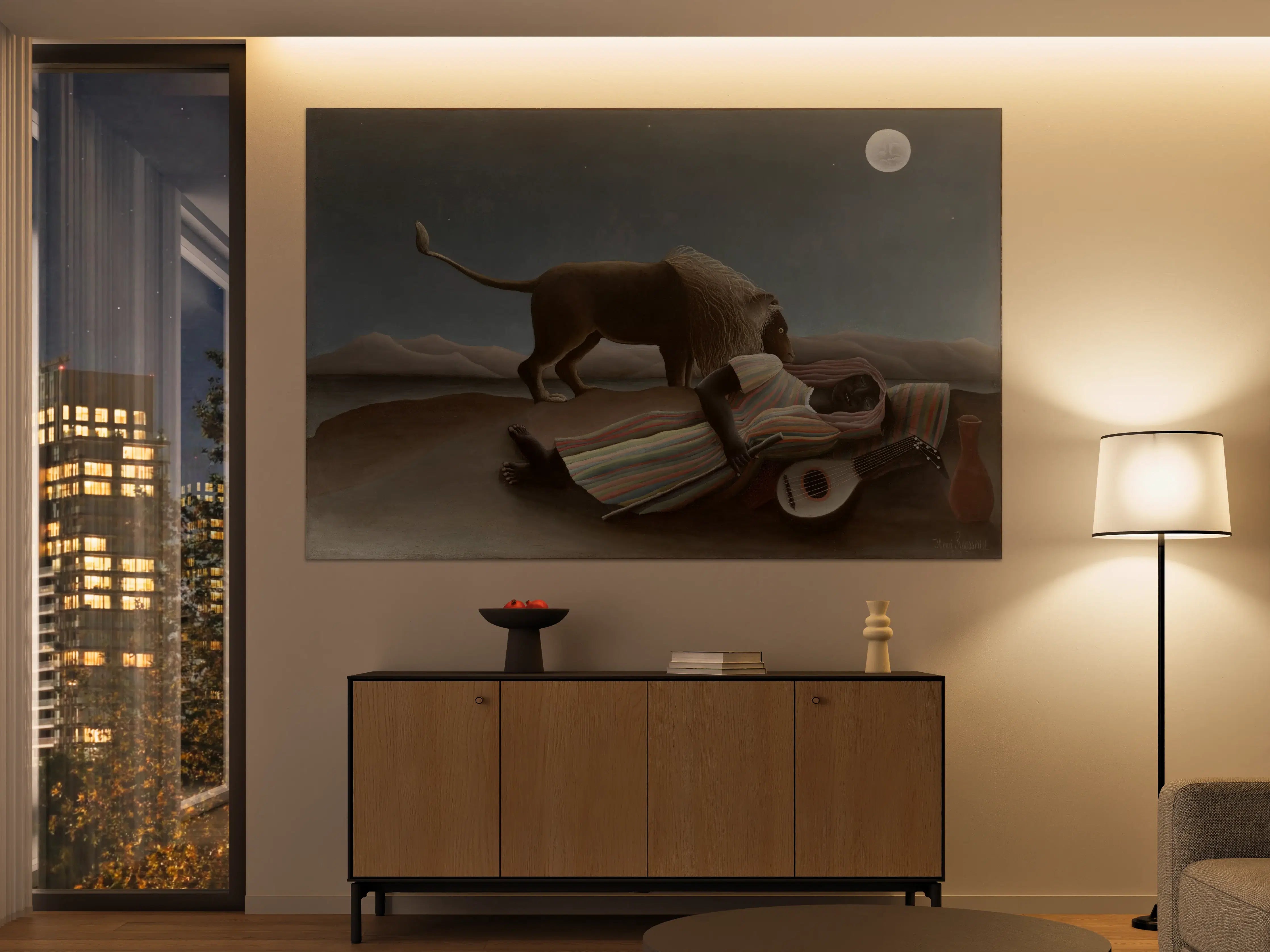 Große Wandbilder - Stiller nächtlicher Moment mit Gitarre, Mond und Löwe