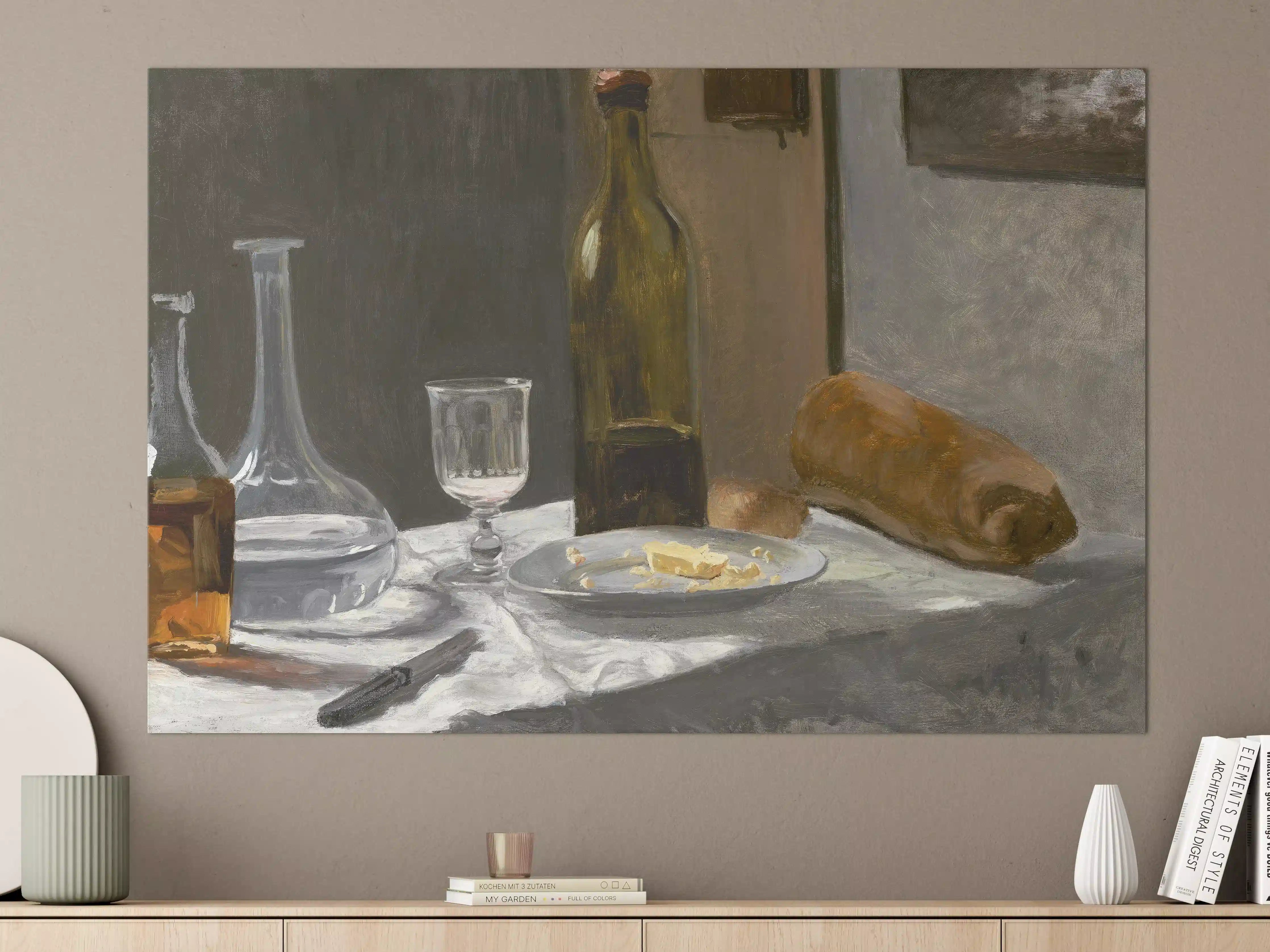 Große Wandbilder - Stillleben mit Wein und Brot in neutralen Tönen