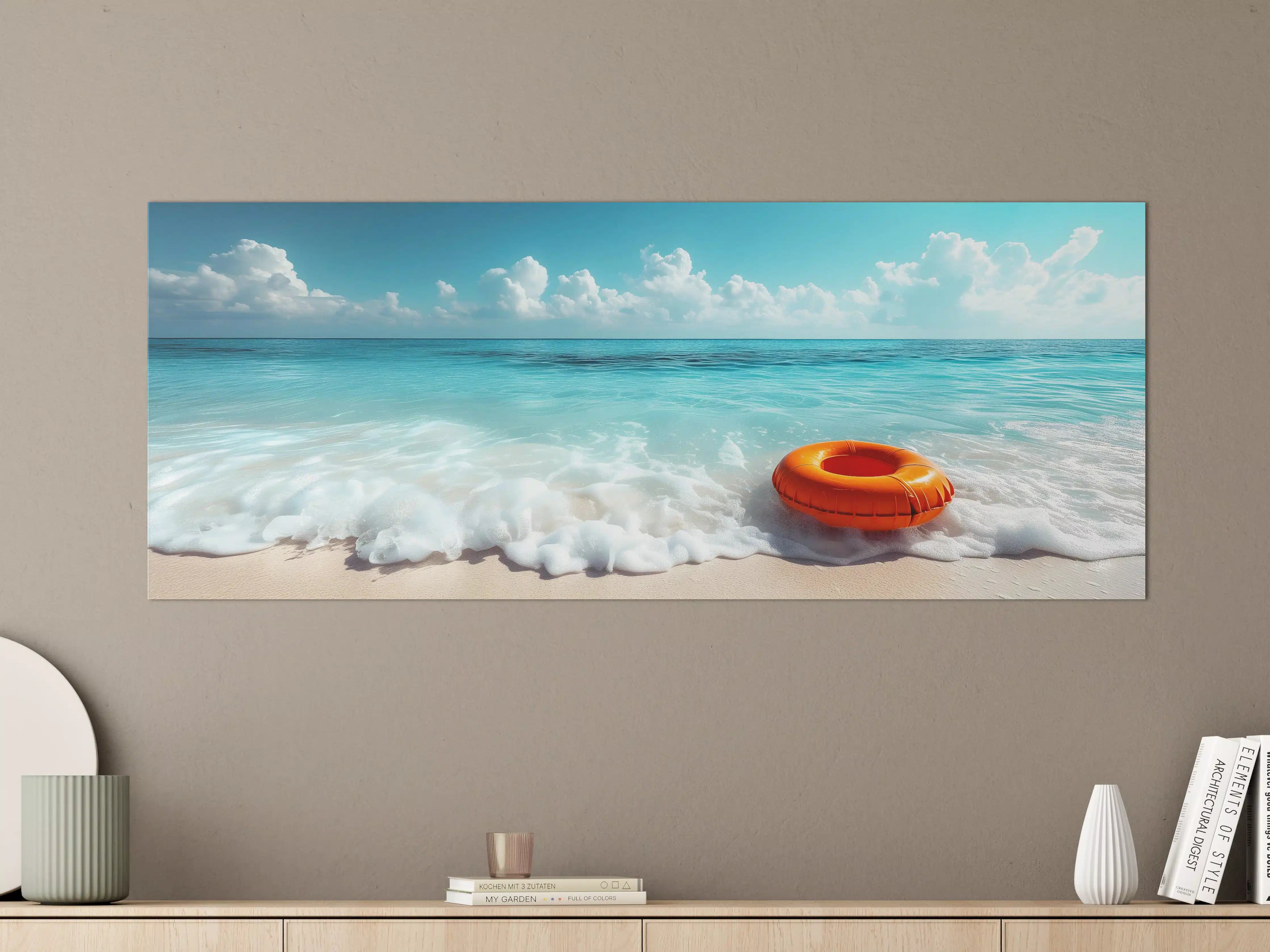 Große Wandbilder - Strand mit orangefarbener Schwimmringe