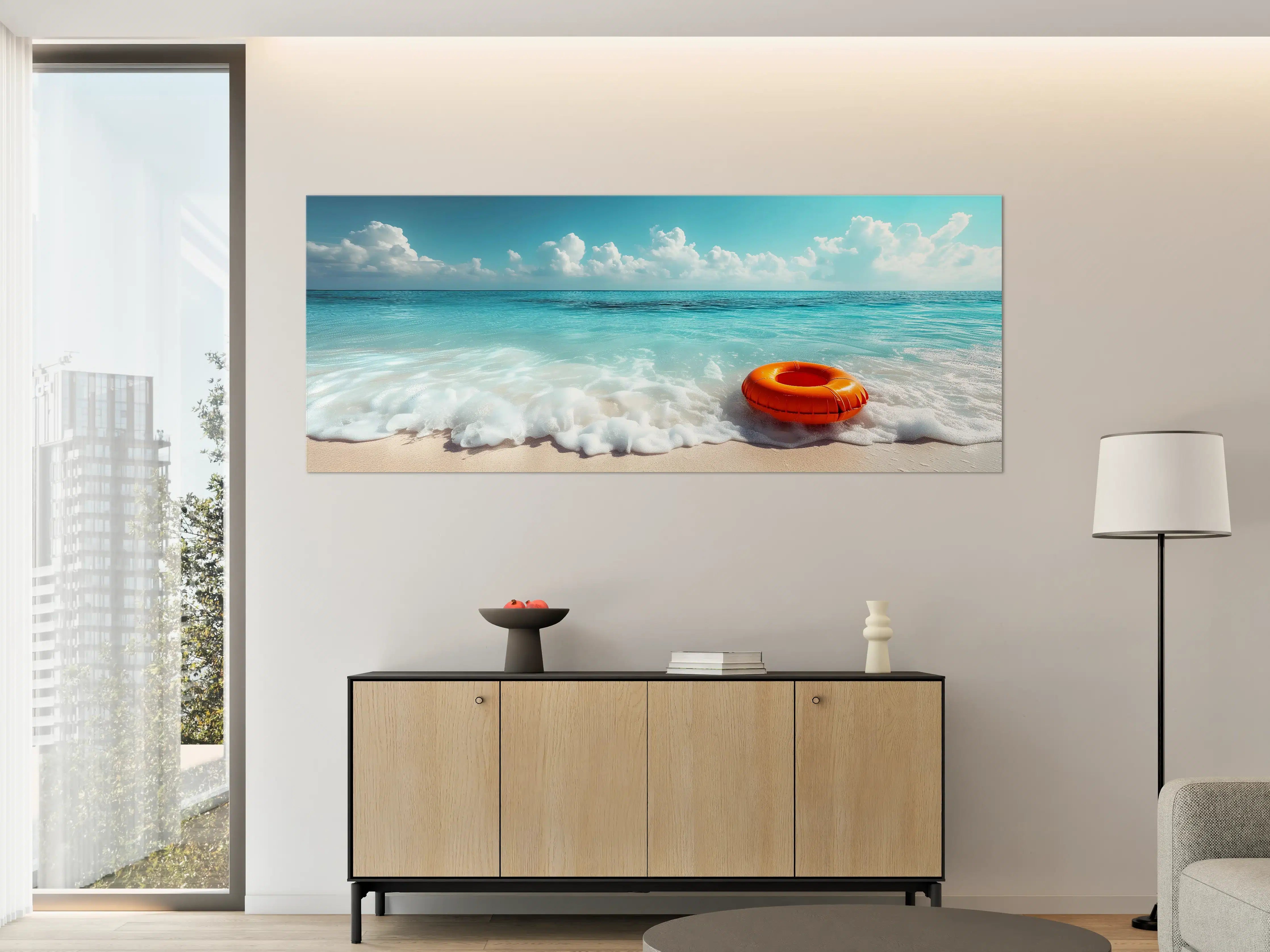 Große Wandbilder - Strand mit orangefarbener Schwimmringe