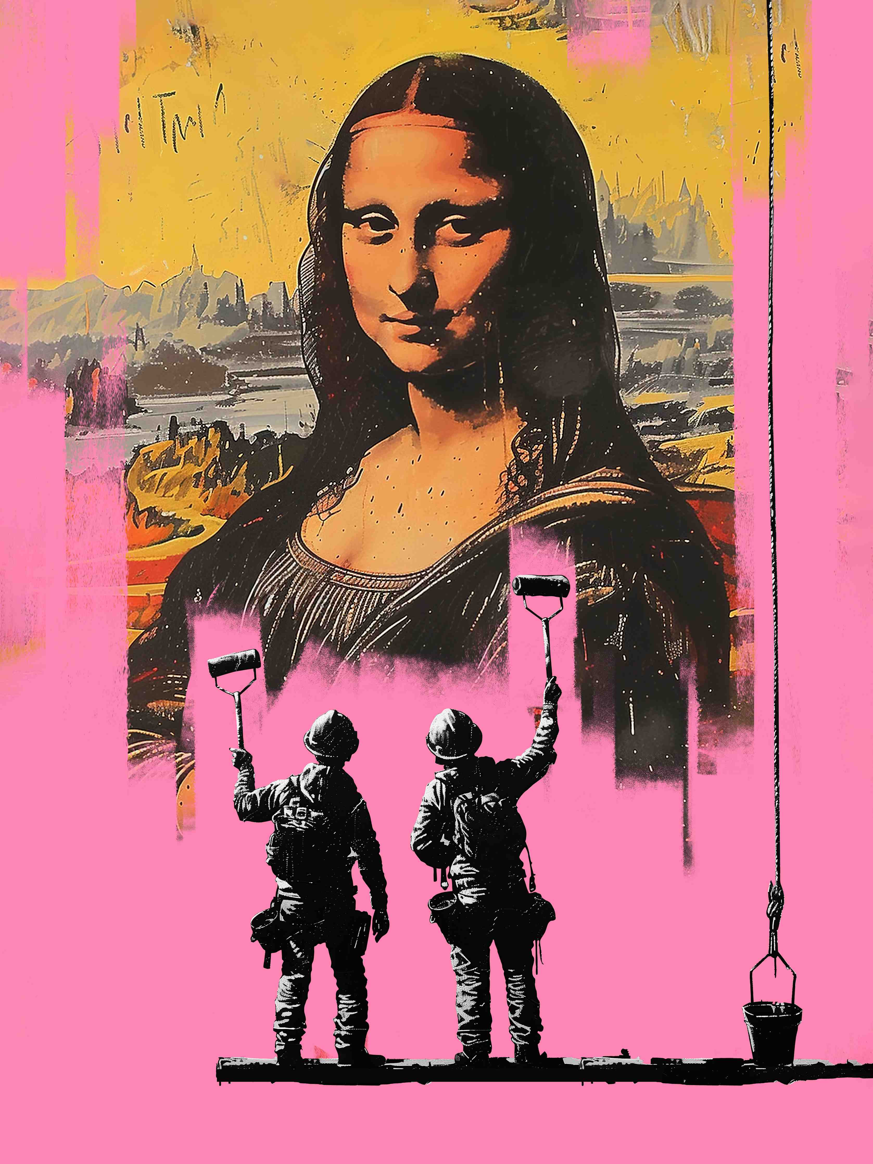 Große Wandbilder-Street Art Mona Lisa mit Kriegsszenen