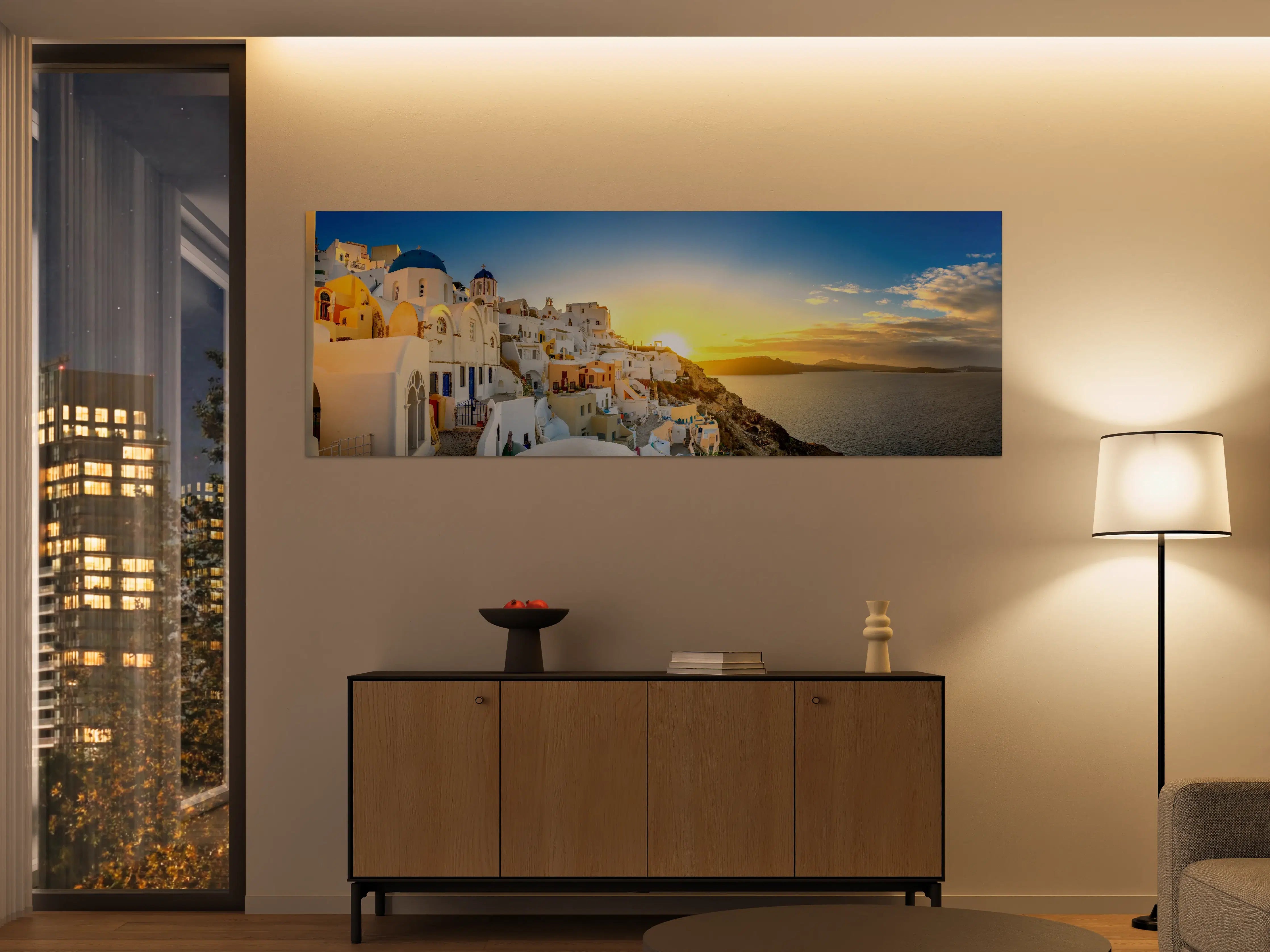 Große Wandbilder - Sunset über Santorini in warmen Farbtönen