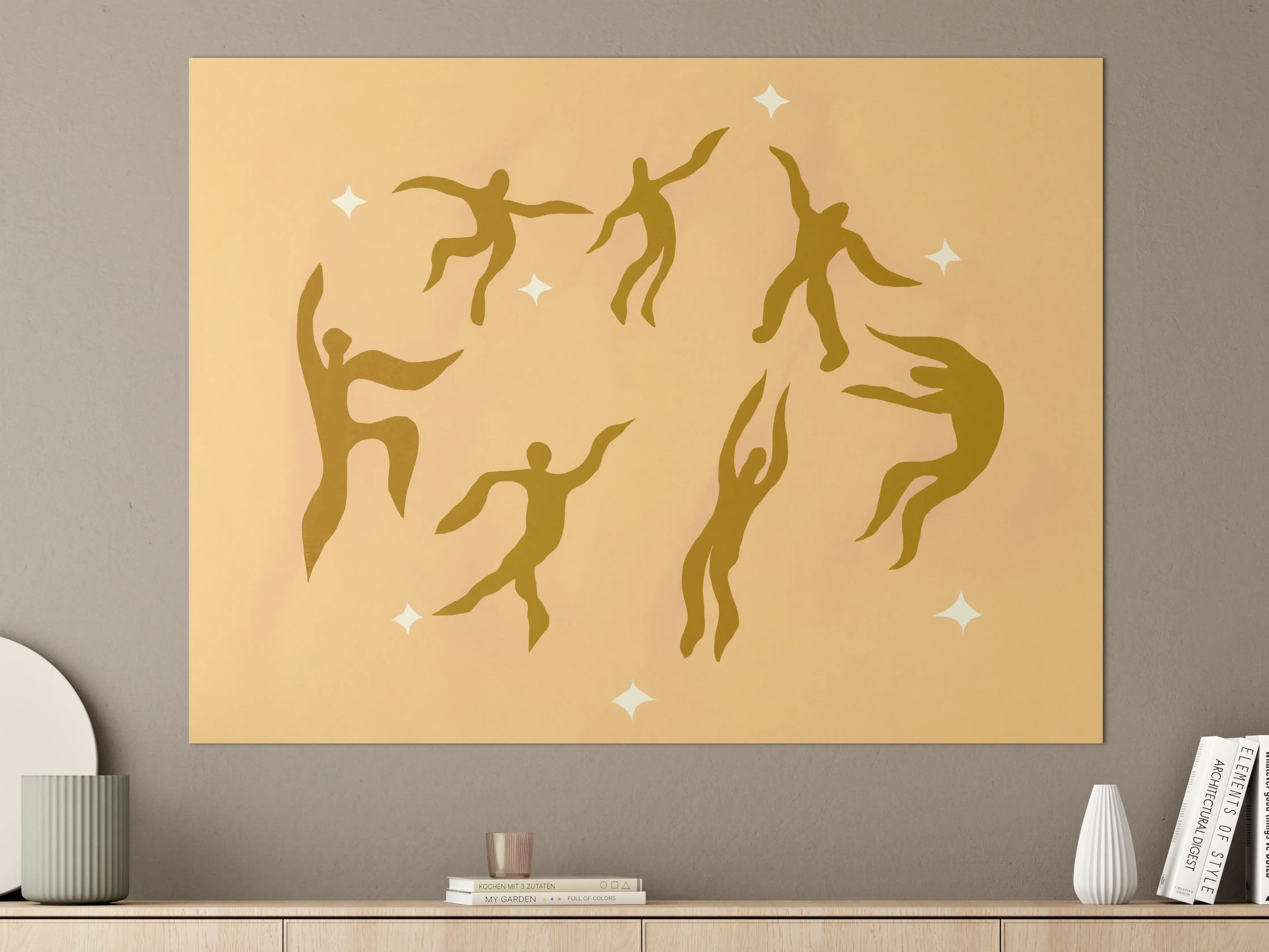 Große Wandbilder - Tanzeinheiten in Gold auf warmer Hintergrund