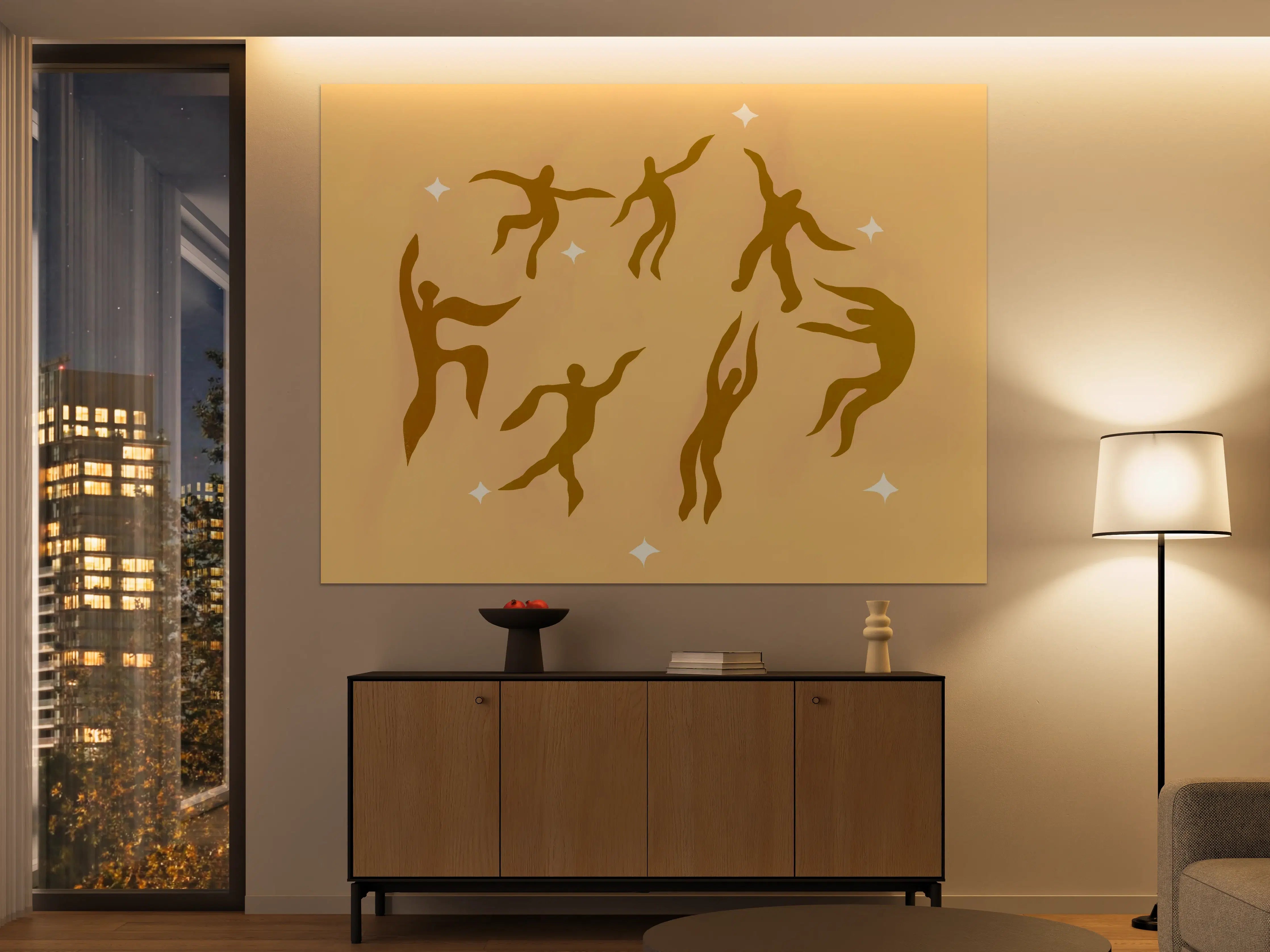 Große Wandbilder - Tanzeinheiten in Gold auf warmer Hintergrund