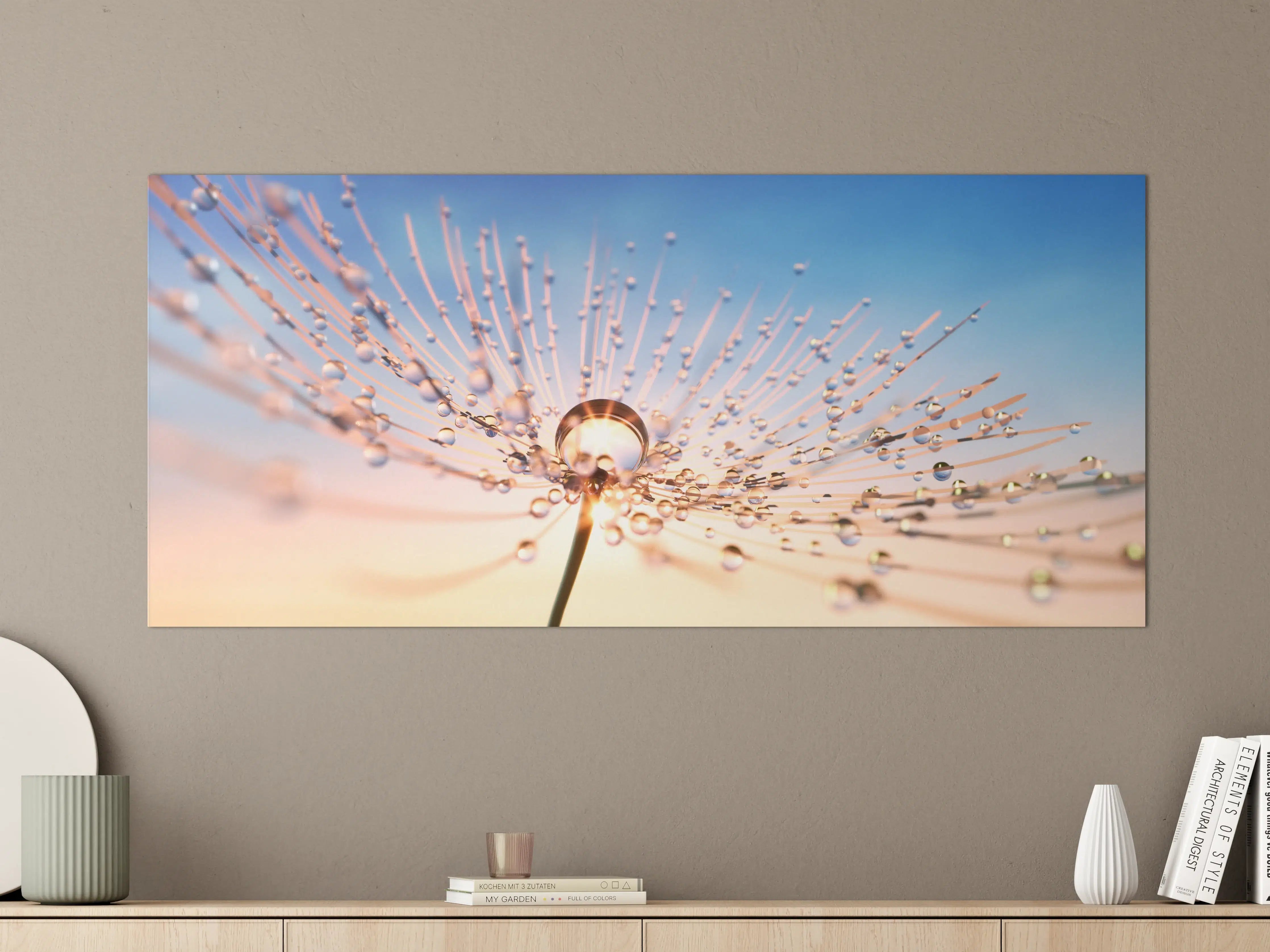 Große Wandbilder - Tautropfen auf einer Blumenwiese bei Sonnenaufgang