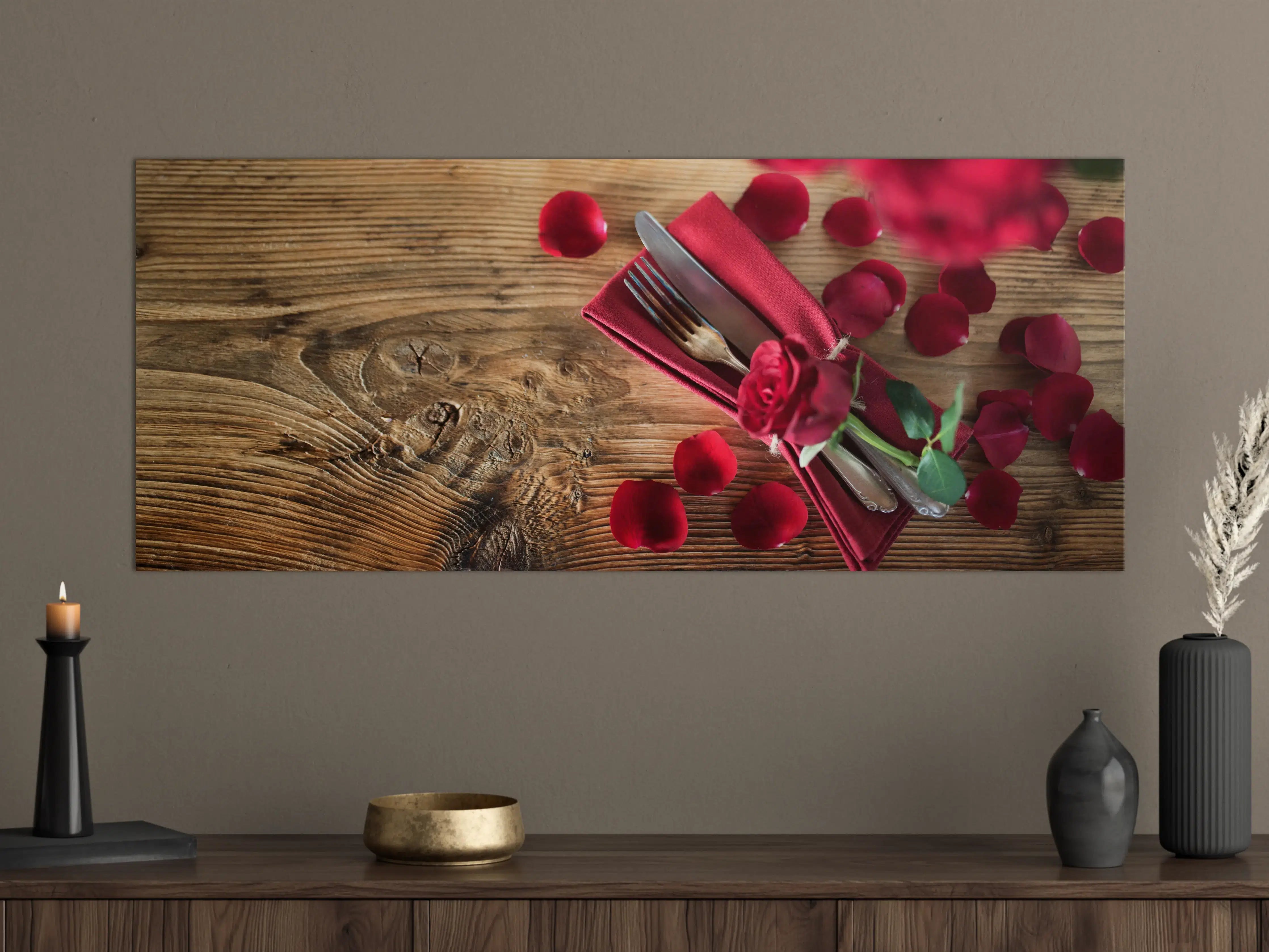 Große Wandbilder - Tischdekoration mit roten Rosen
