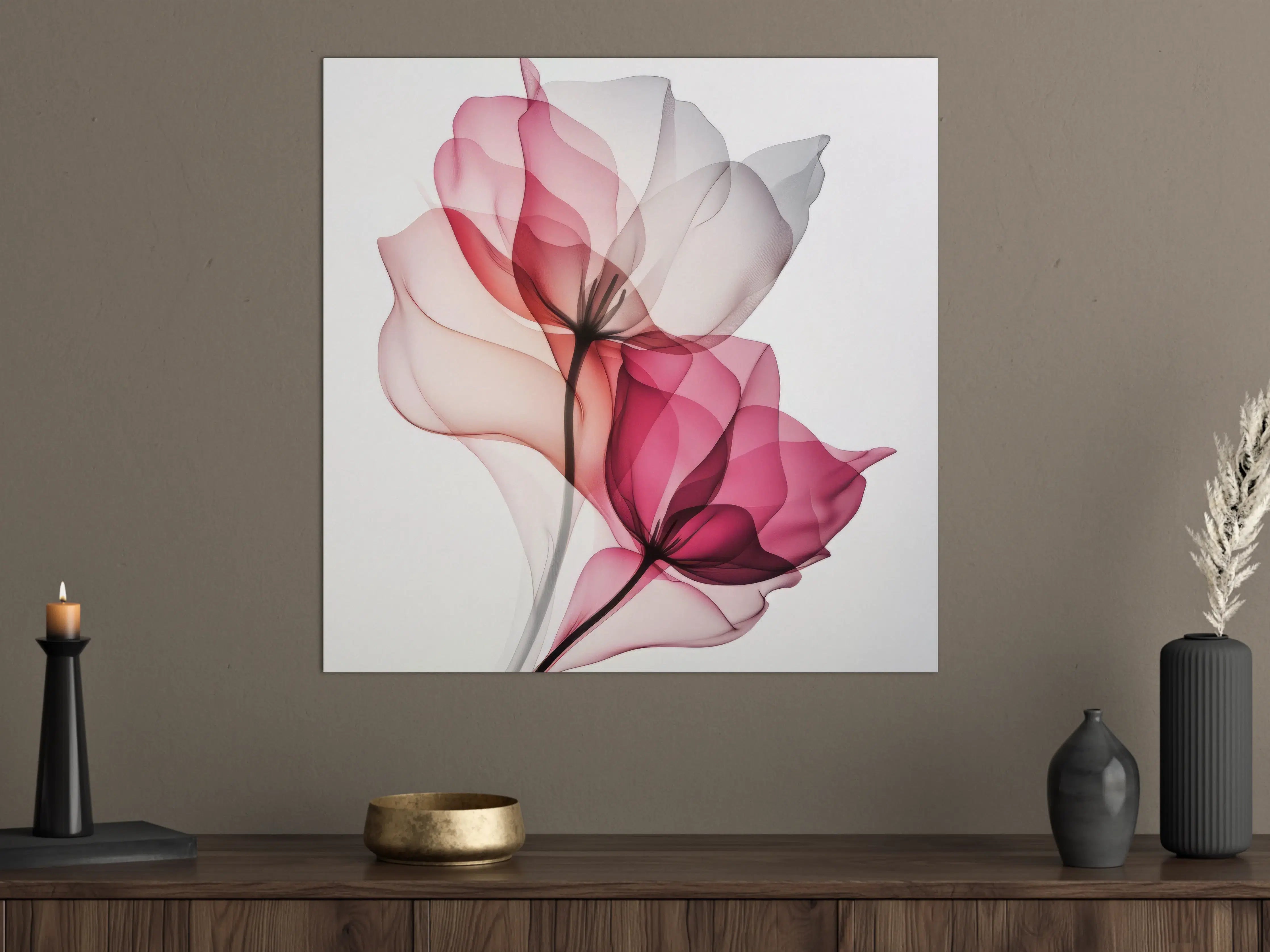 Große Wandbilder - Transparente Blumen in sanften Rosa- und Grautönen