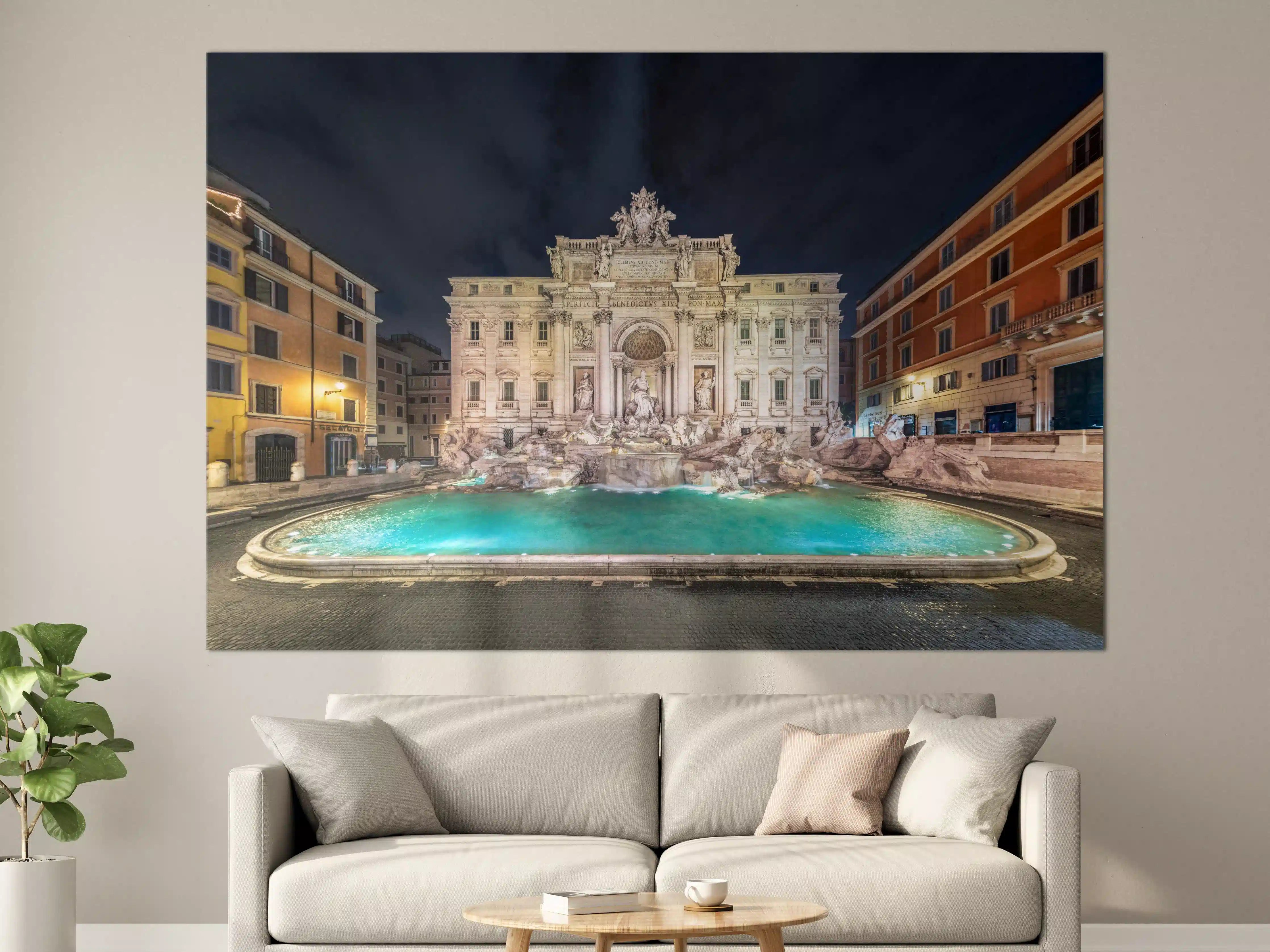 Große Wandbilder - Trevi-Brunnen Nacht Türkis-Beige