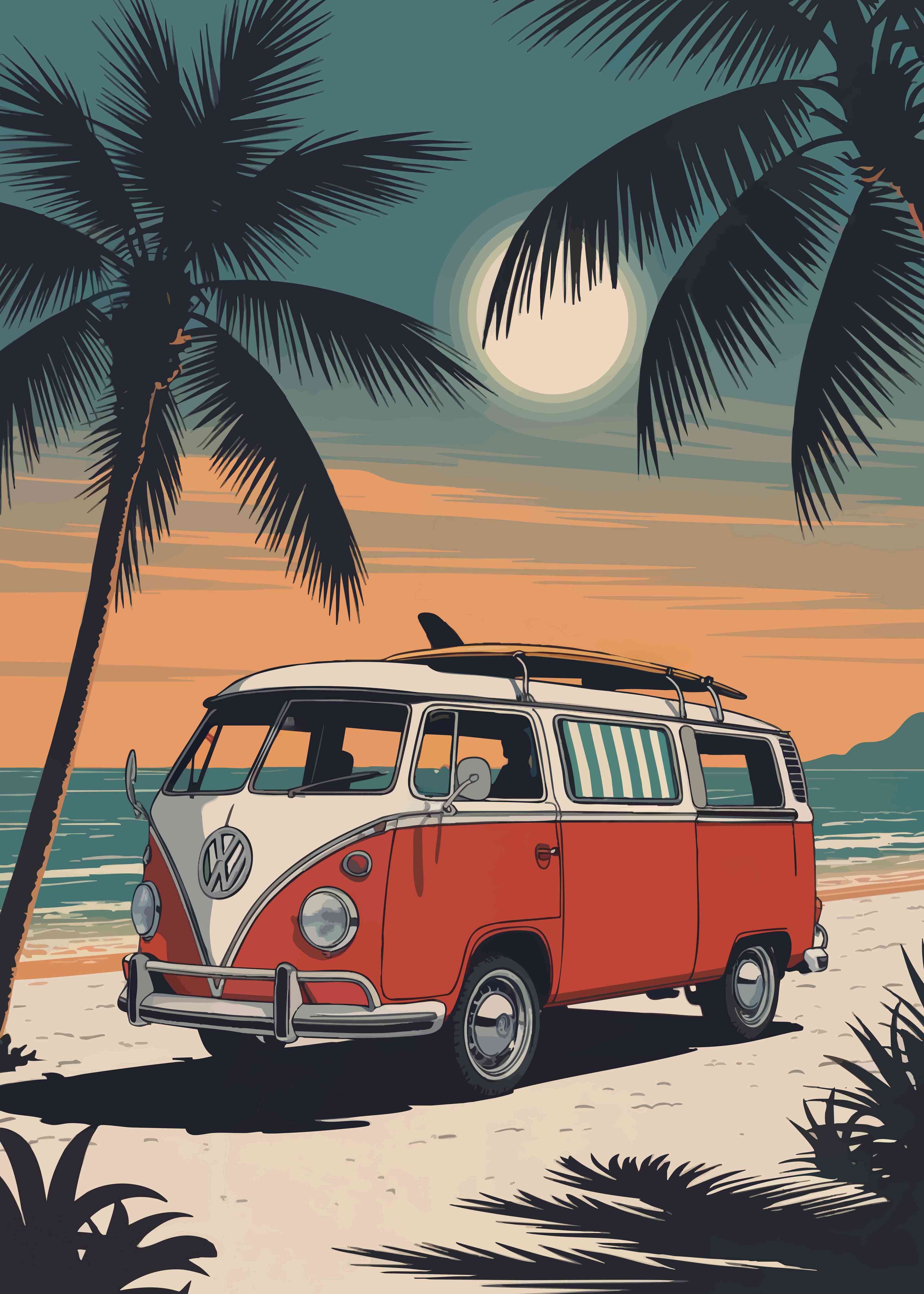 Große Wandbilder-Tropische Strandkulisse mit VW-Bus