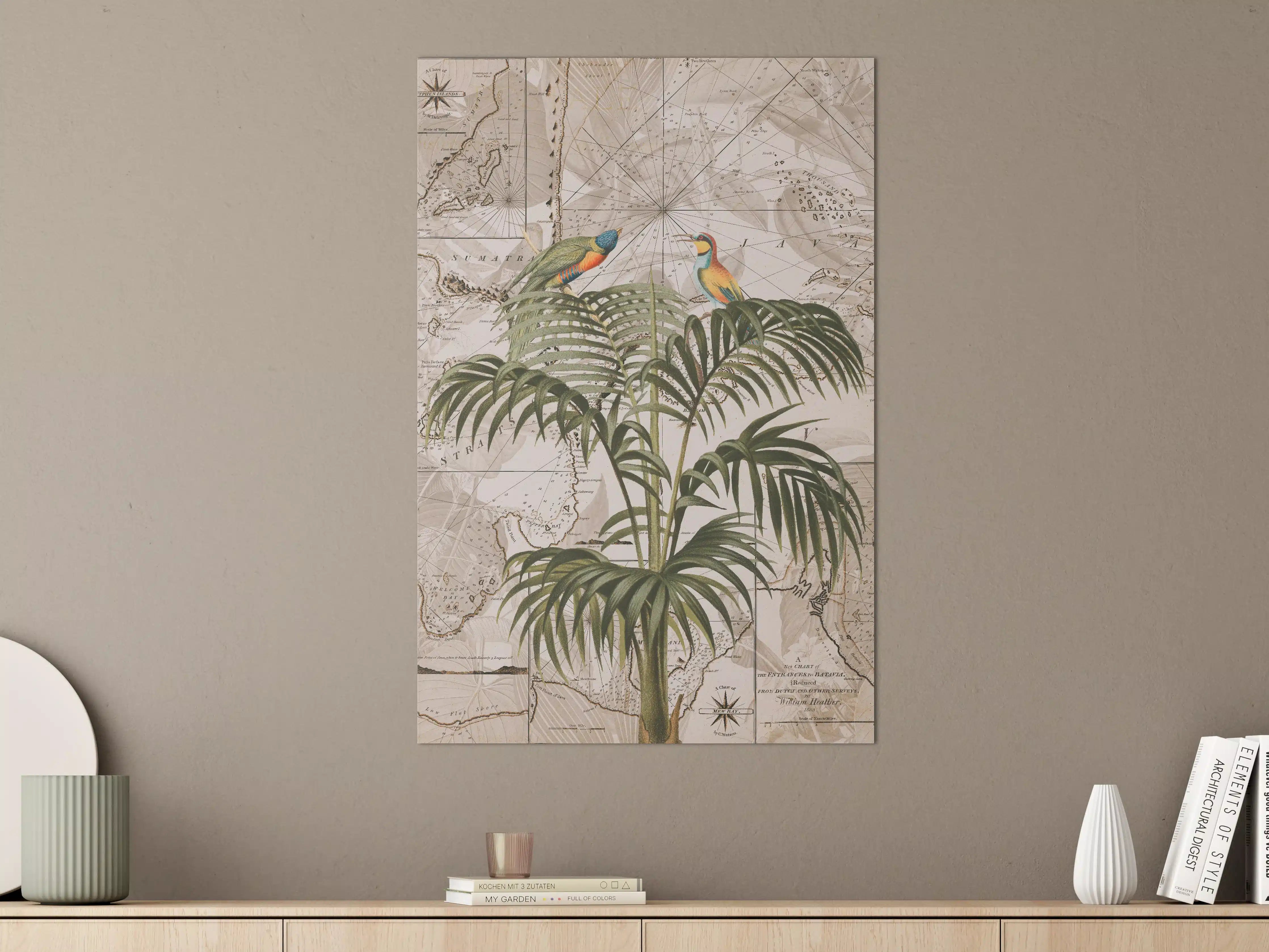 Große Wandbilder - Tropische Vogel- und Pflanzenillustration mit antiker Seekarte