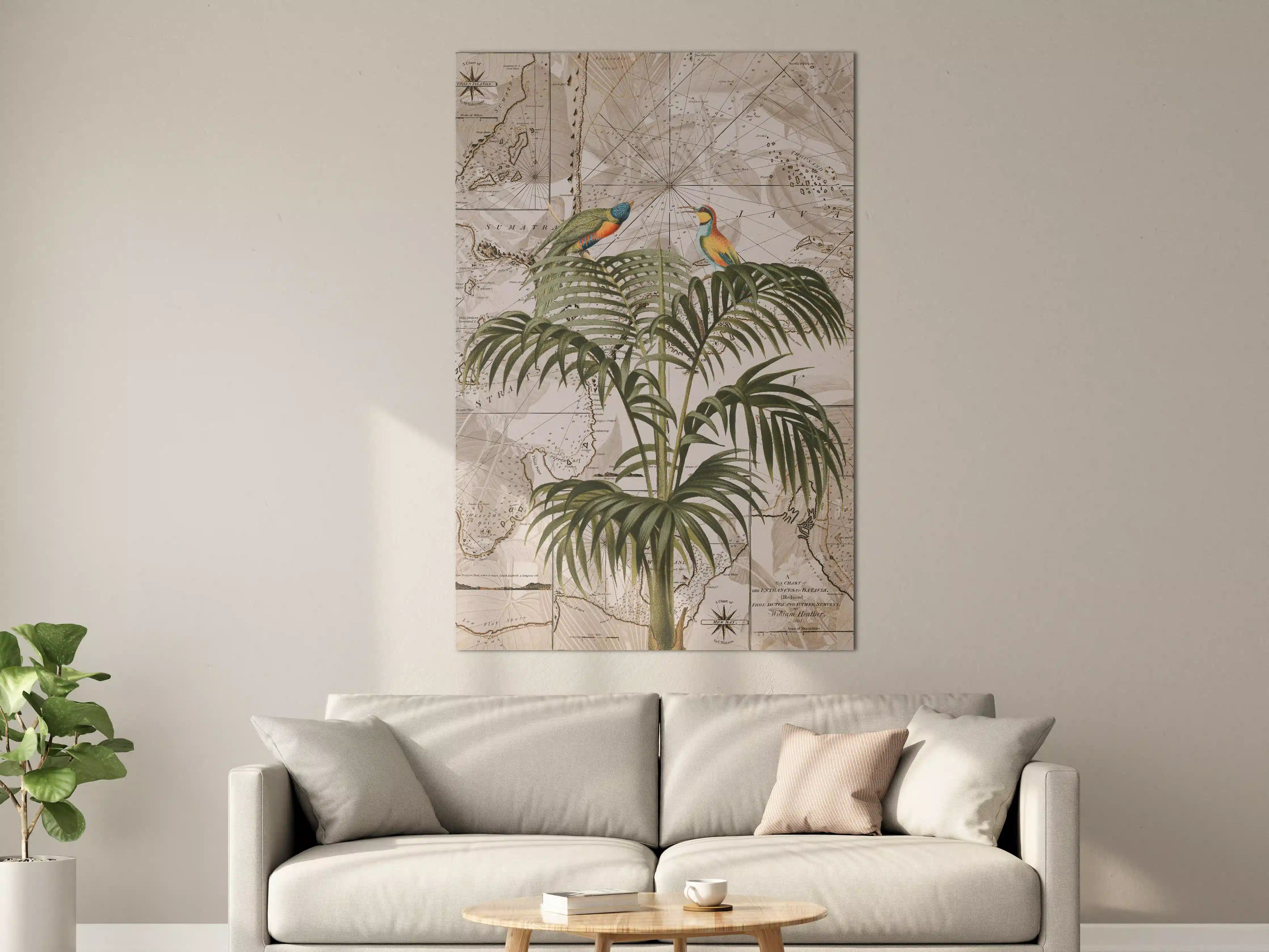Große Wandbilder - Tropische Vogel- und Pflanzenillustration mit antiker Seekarte