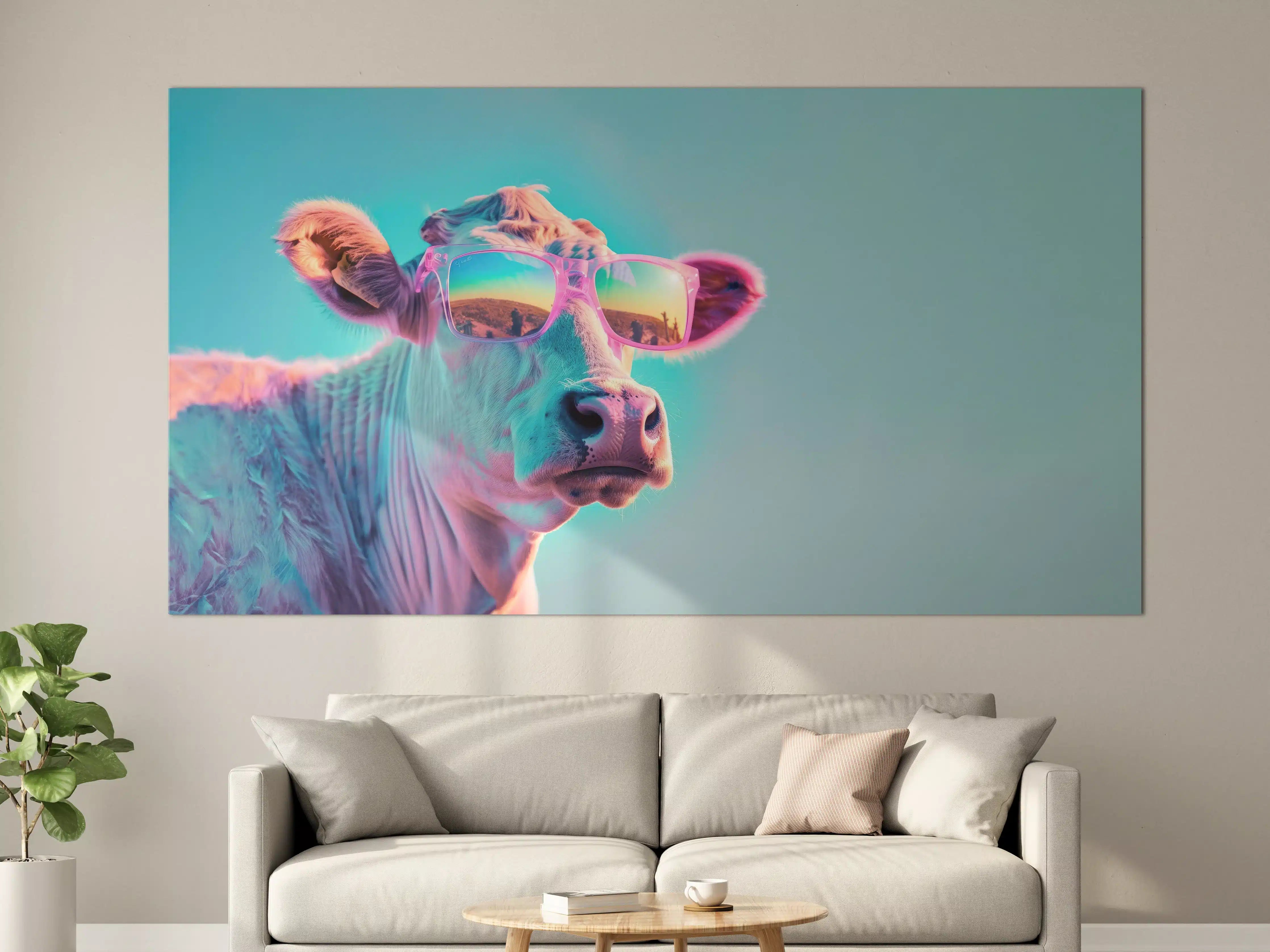 Große Wandbilder - Türkis-Pastell-Kuh mit Sonnenbrille