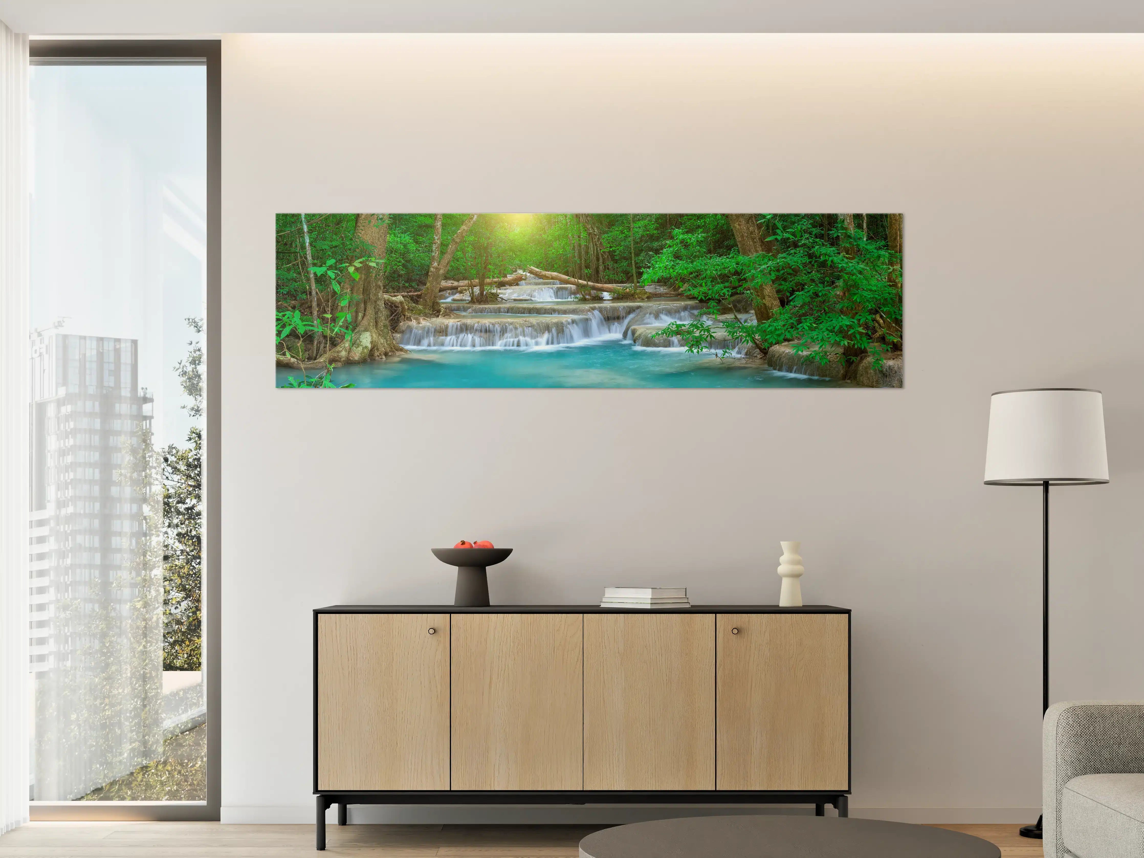 Große Wandbilder - Türkis-Wasserfall im grünen Wald