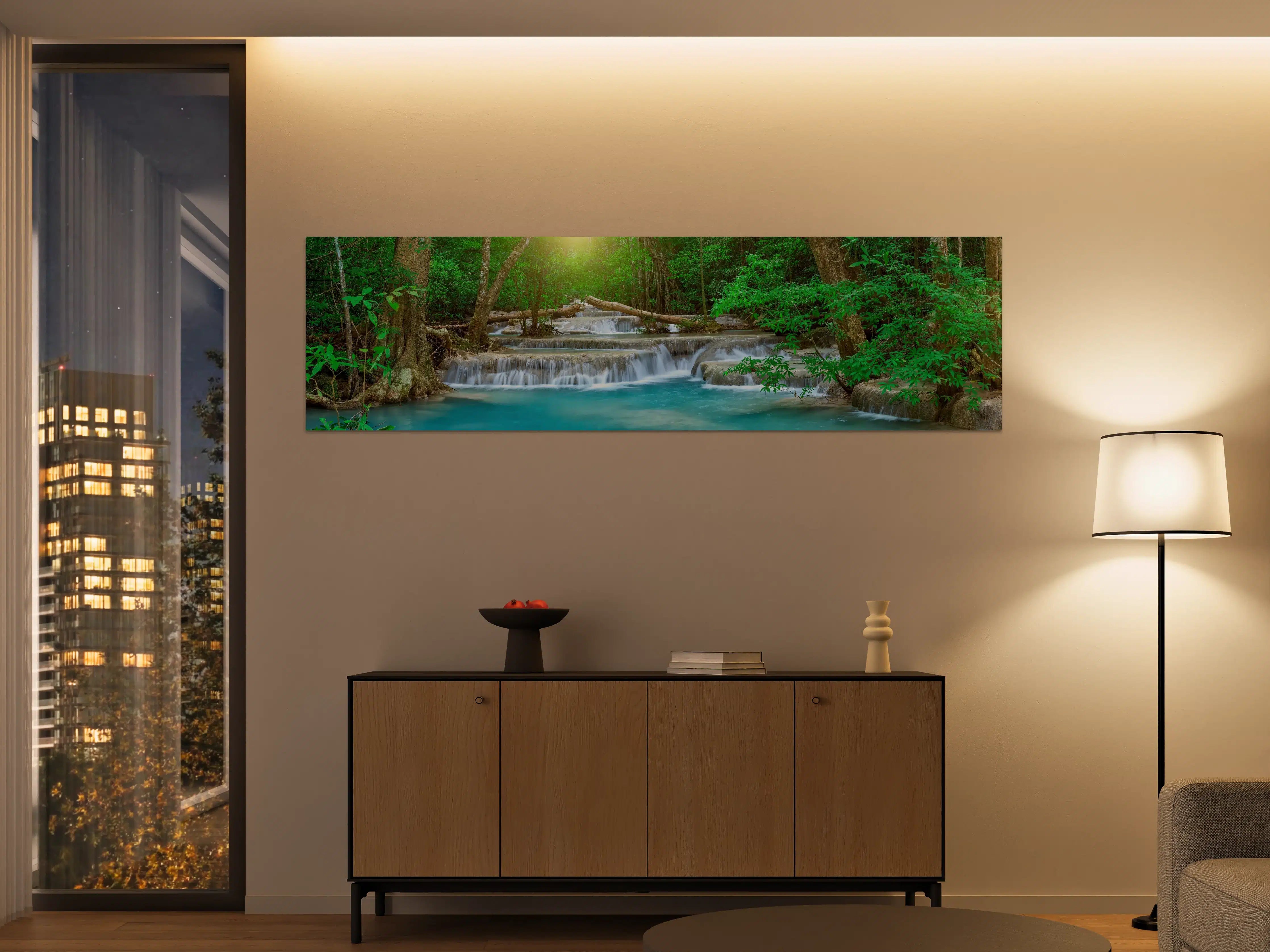 Große Wandbilder - Türkis-Wasserfall im grünen Wald