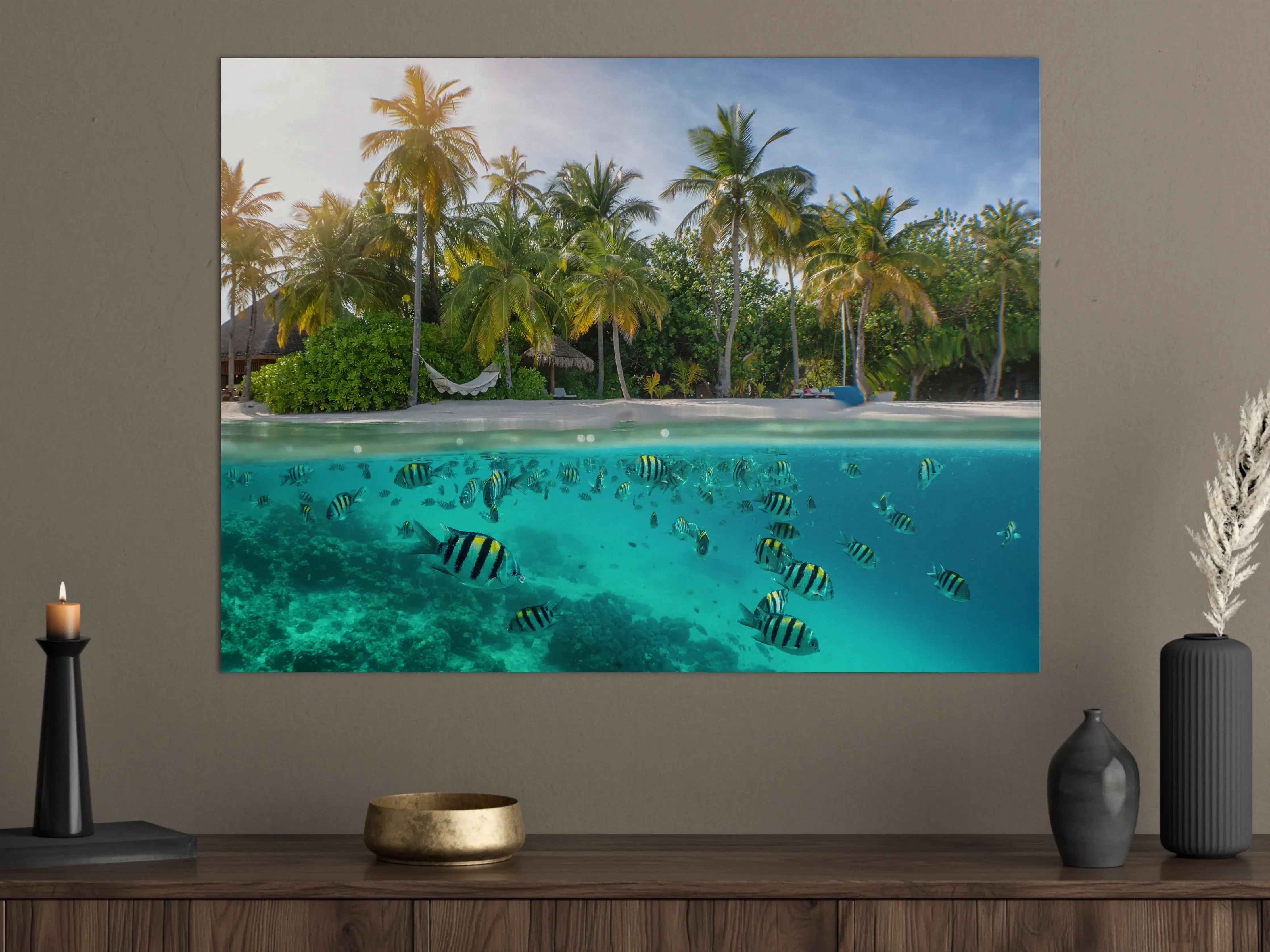 Große Wandbilder - Über- und Unterwasserblick auf tropischen Strand