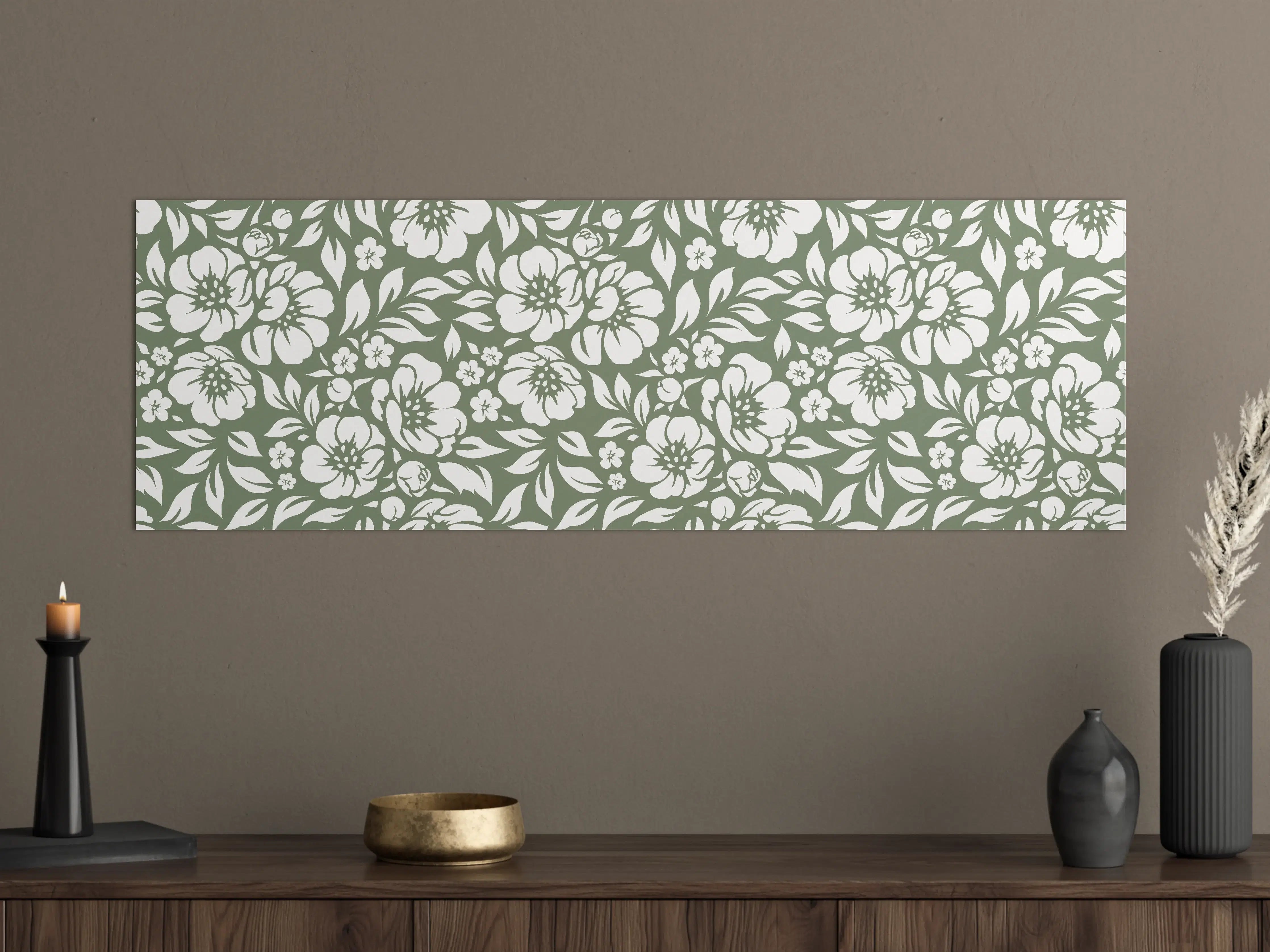 Große Wandbilder - Vergoldete Blumenmuster in Grün und Weiß