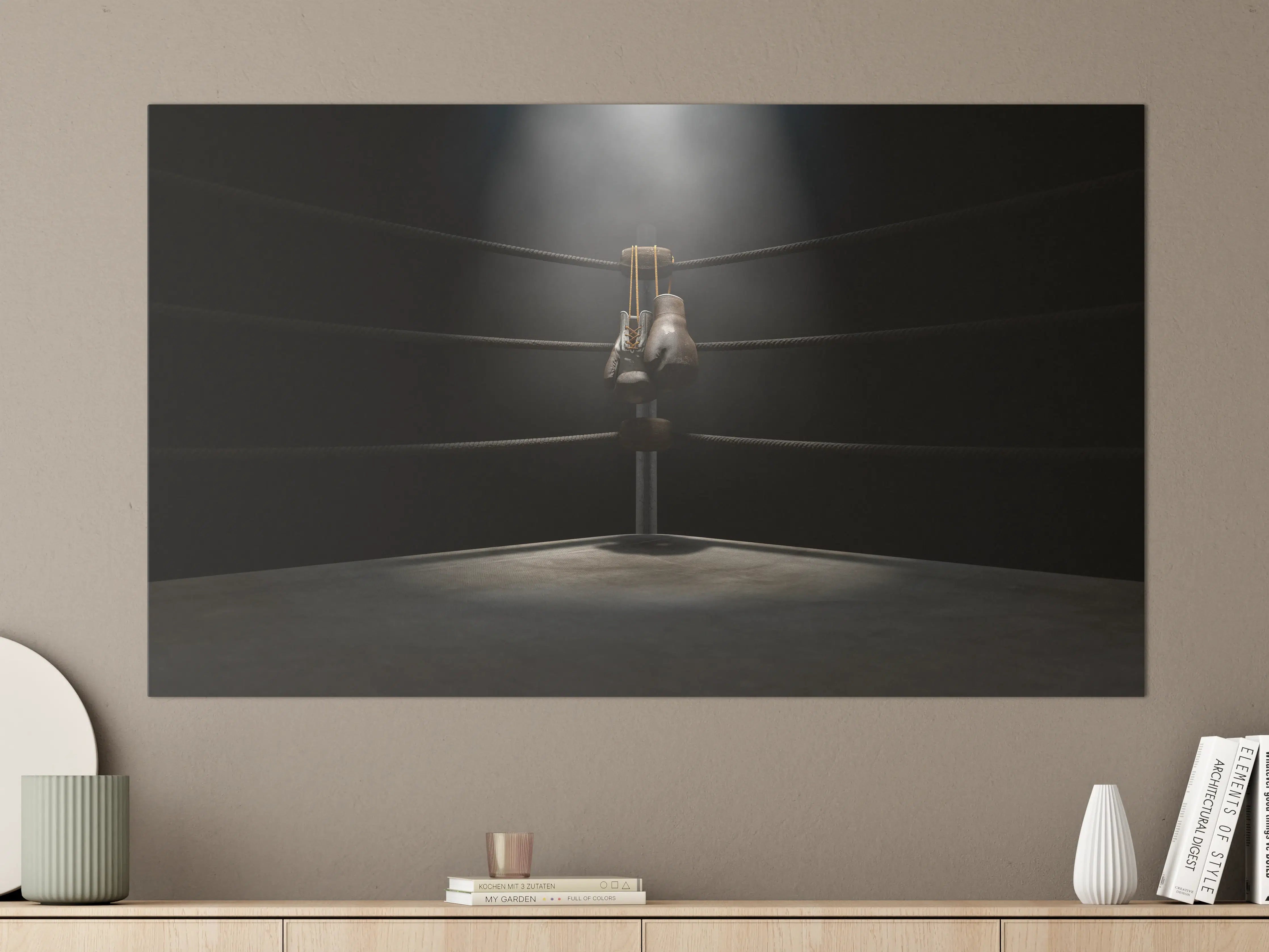 Große Wandbilder - Verlassener Boxring mit Boxing Gloves im Spotlight