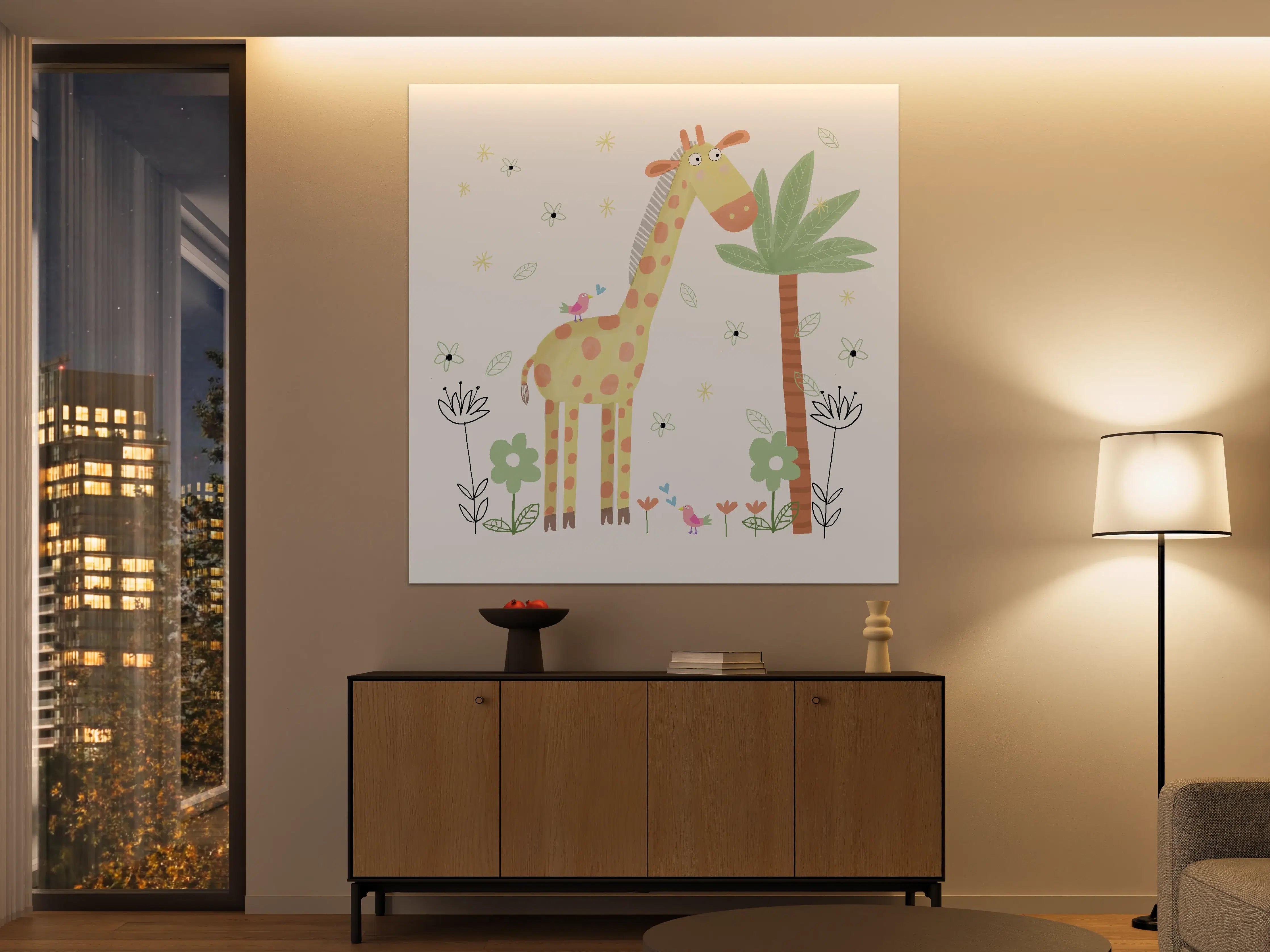 Große Wandbilder - Verspielte Giraffe mit Vogel und Palmen