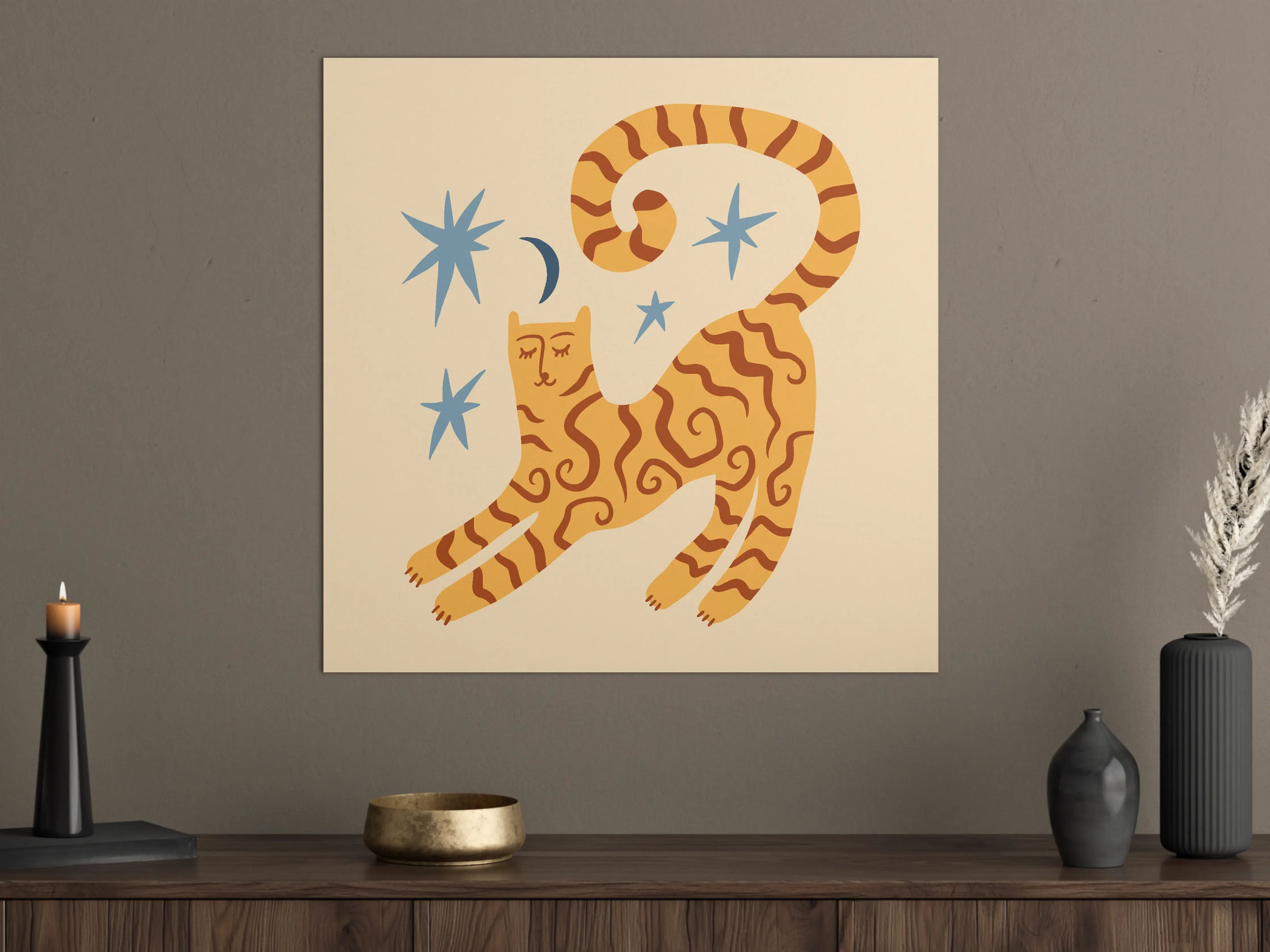 Große Wandbilder - Verspielte Katze mit Sternen und Mond