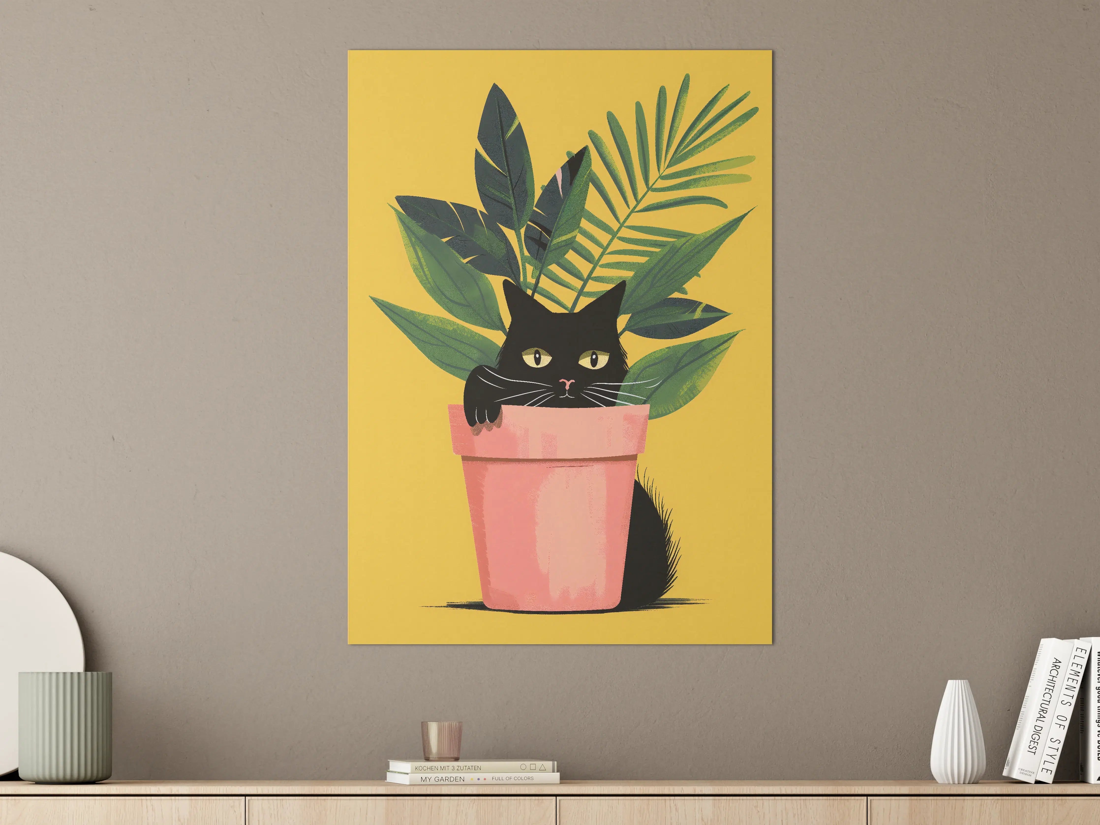 Große Wandbilder - Verspielte Katze mit tropischen Pflanzen