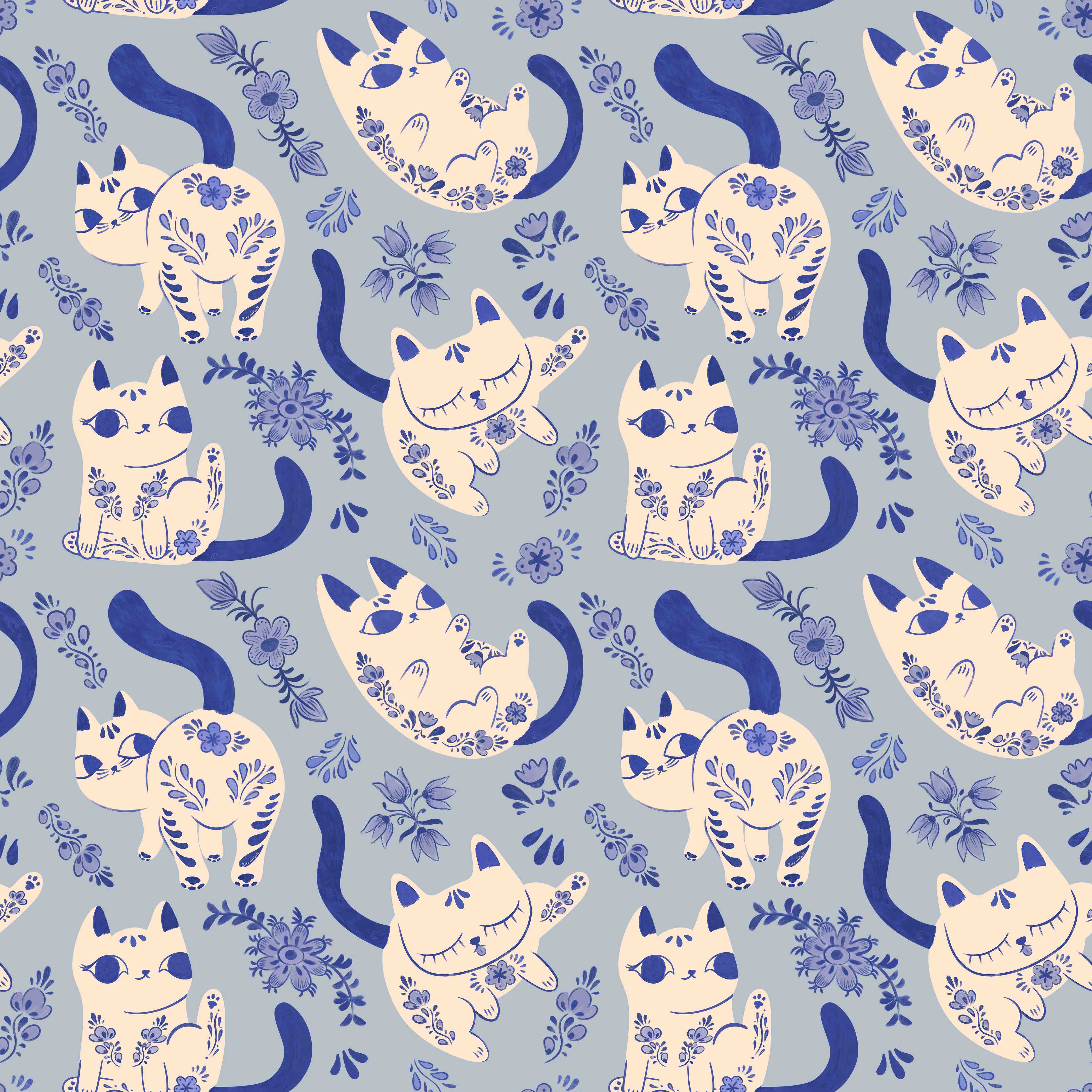 Große Wandbilder-Verspielte Katzen im Blumenmuster
