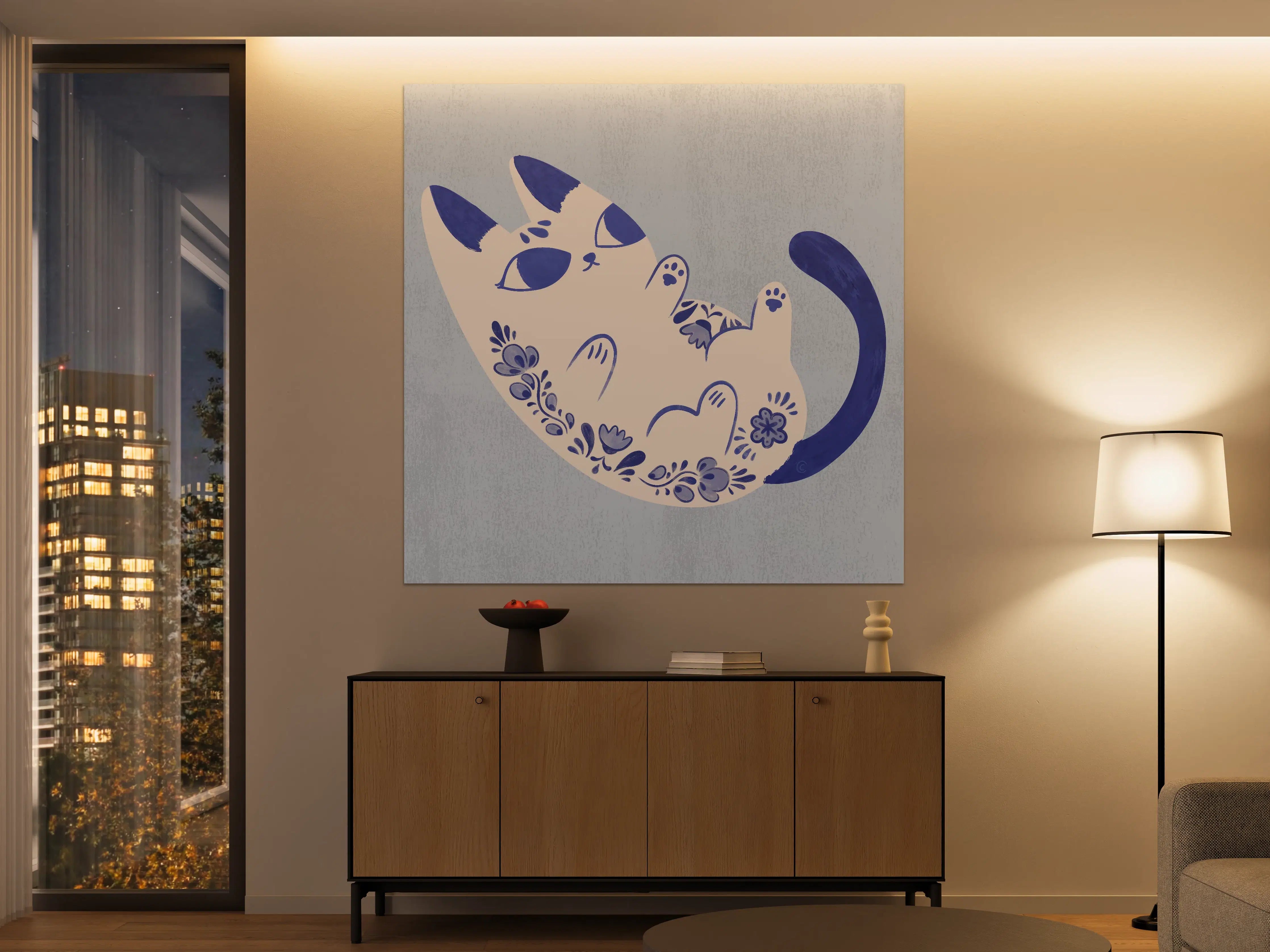 Große Wandbilder - Verspielte Katzenillustration in Blau-WeiDF-TD6nen