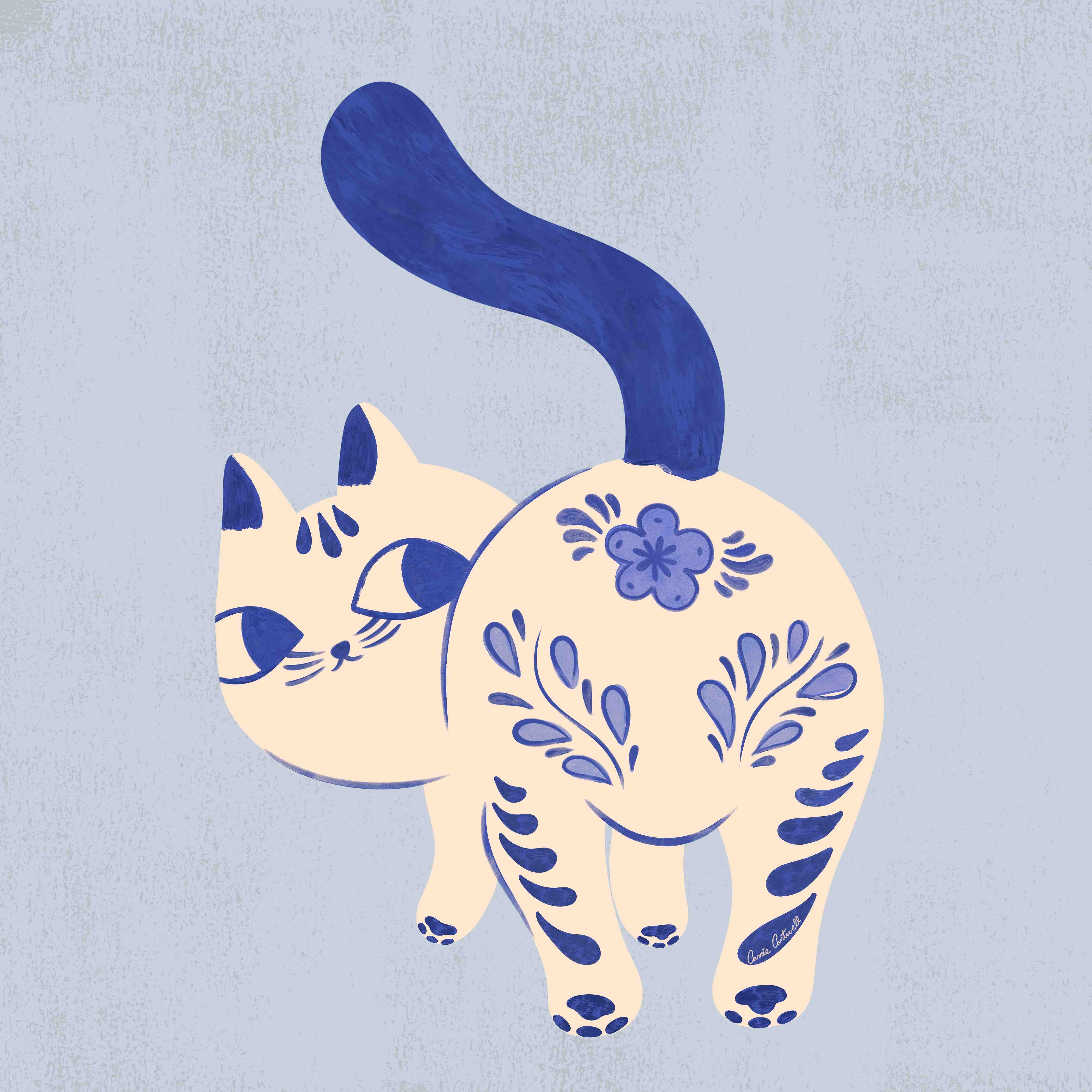 Große Wandbilder-Verspielte Katzenillustration mit blauen Akzenten