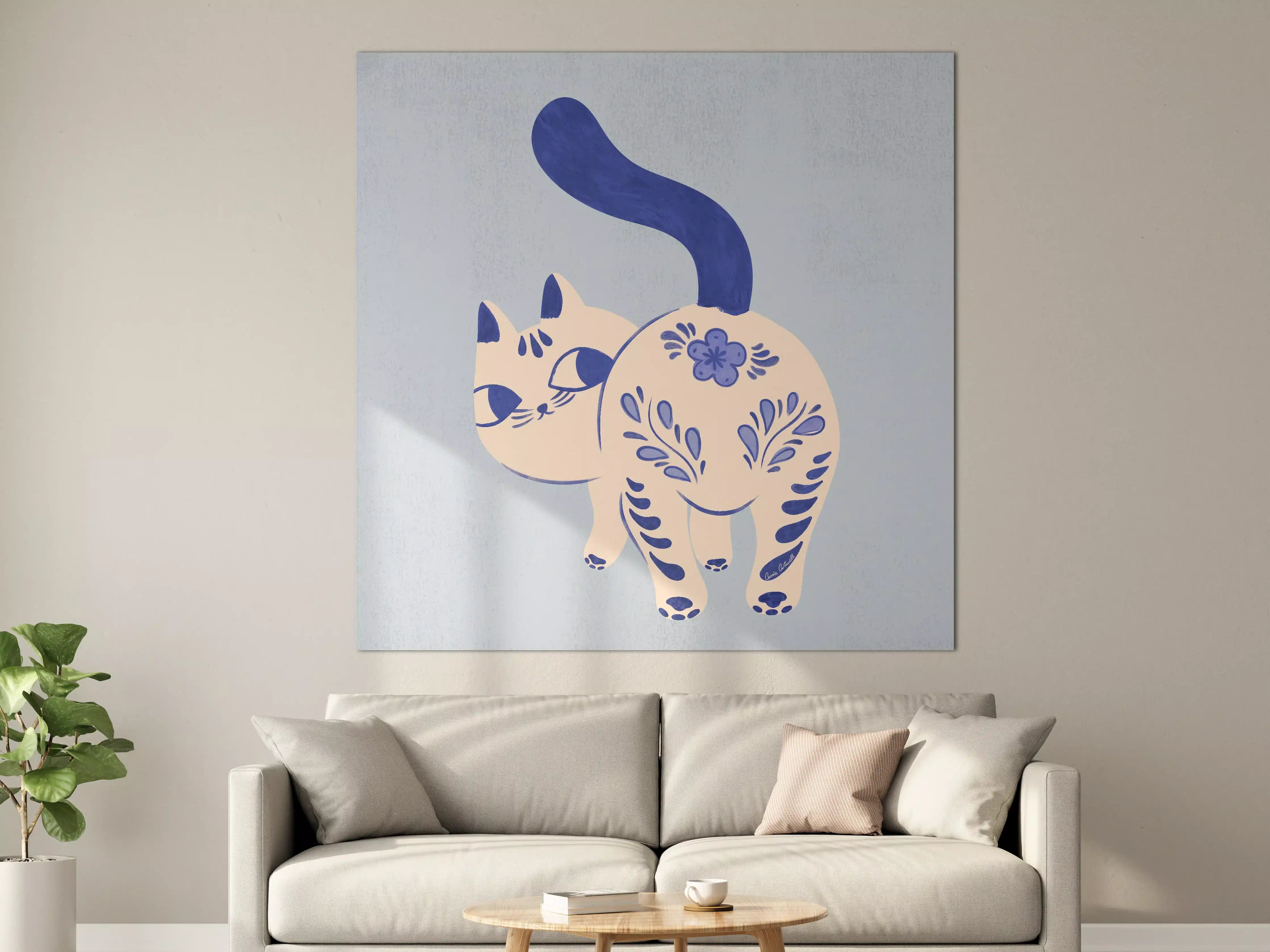 Große Wandbilder - Verspielte Katzenillustration mit blauen Akzenten
