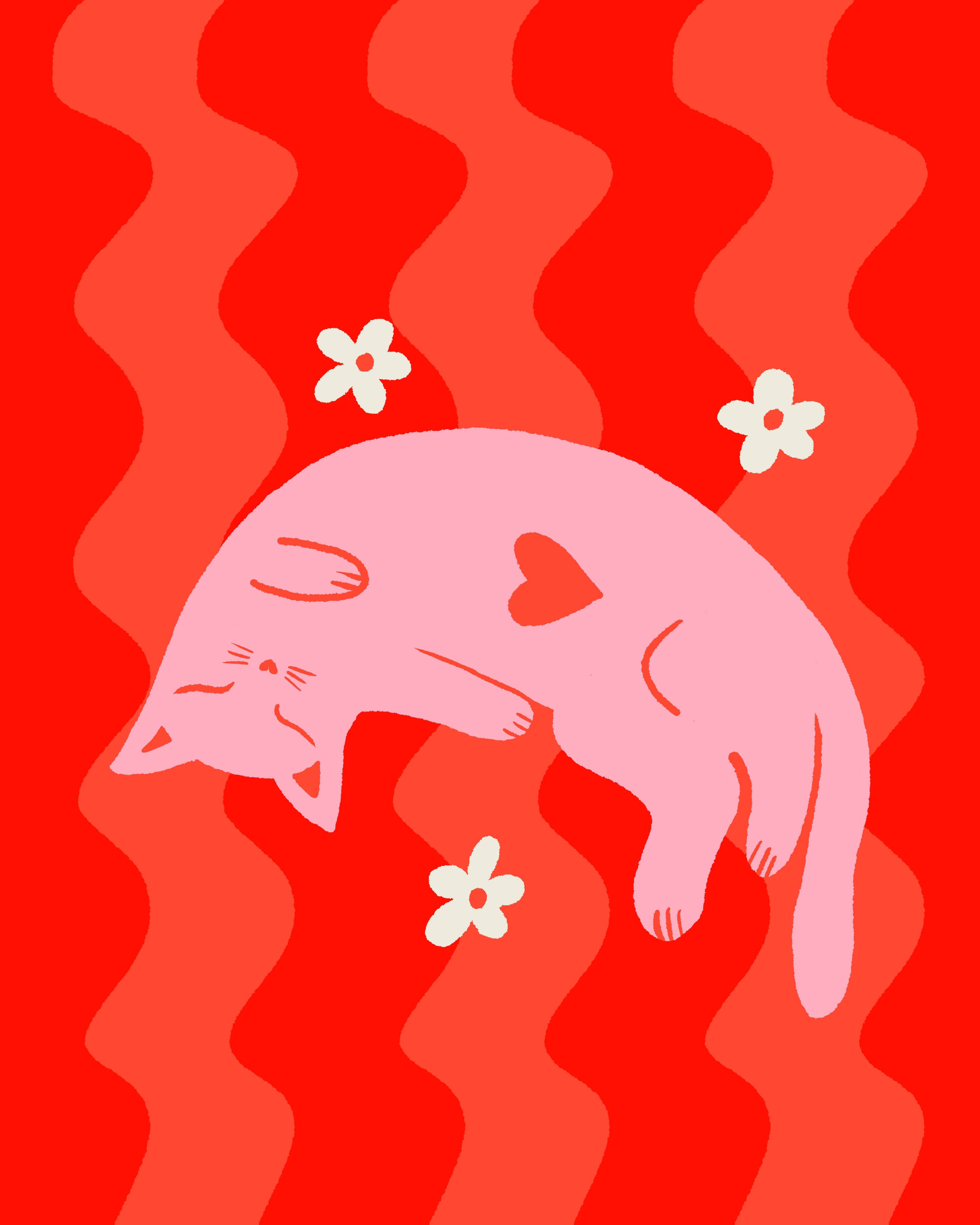 Große Wandbilder-Verspielte rosa Katze mit Herzen und Blumen auf rotem Hintergrund