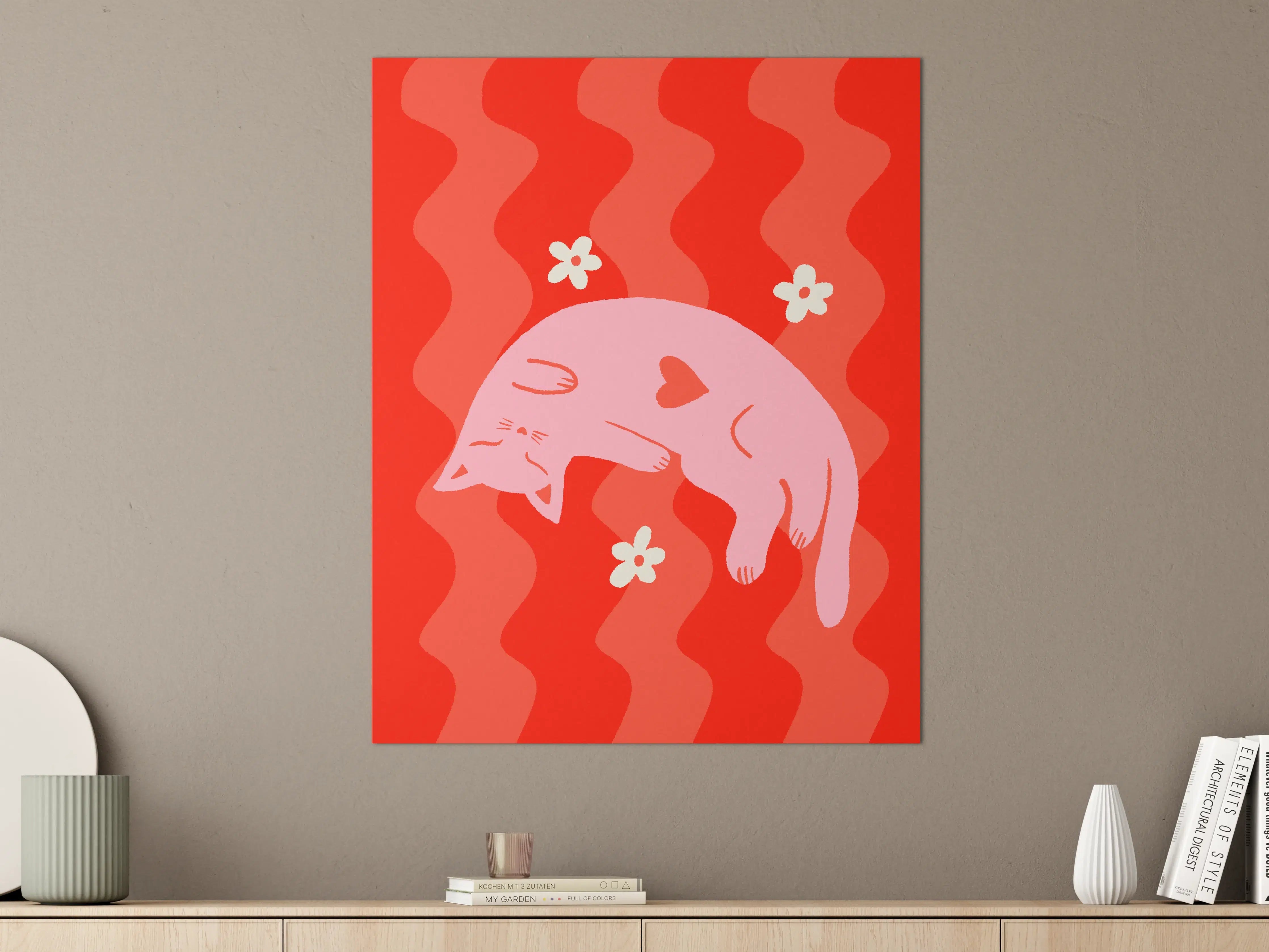 Große Wandbilder - Verspielte rosa Katze mit Herzen und Blumen auf rotem Hintergrund