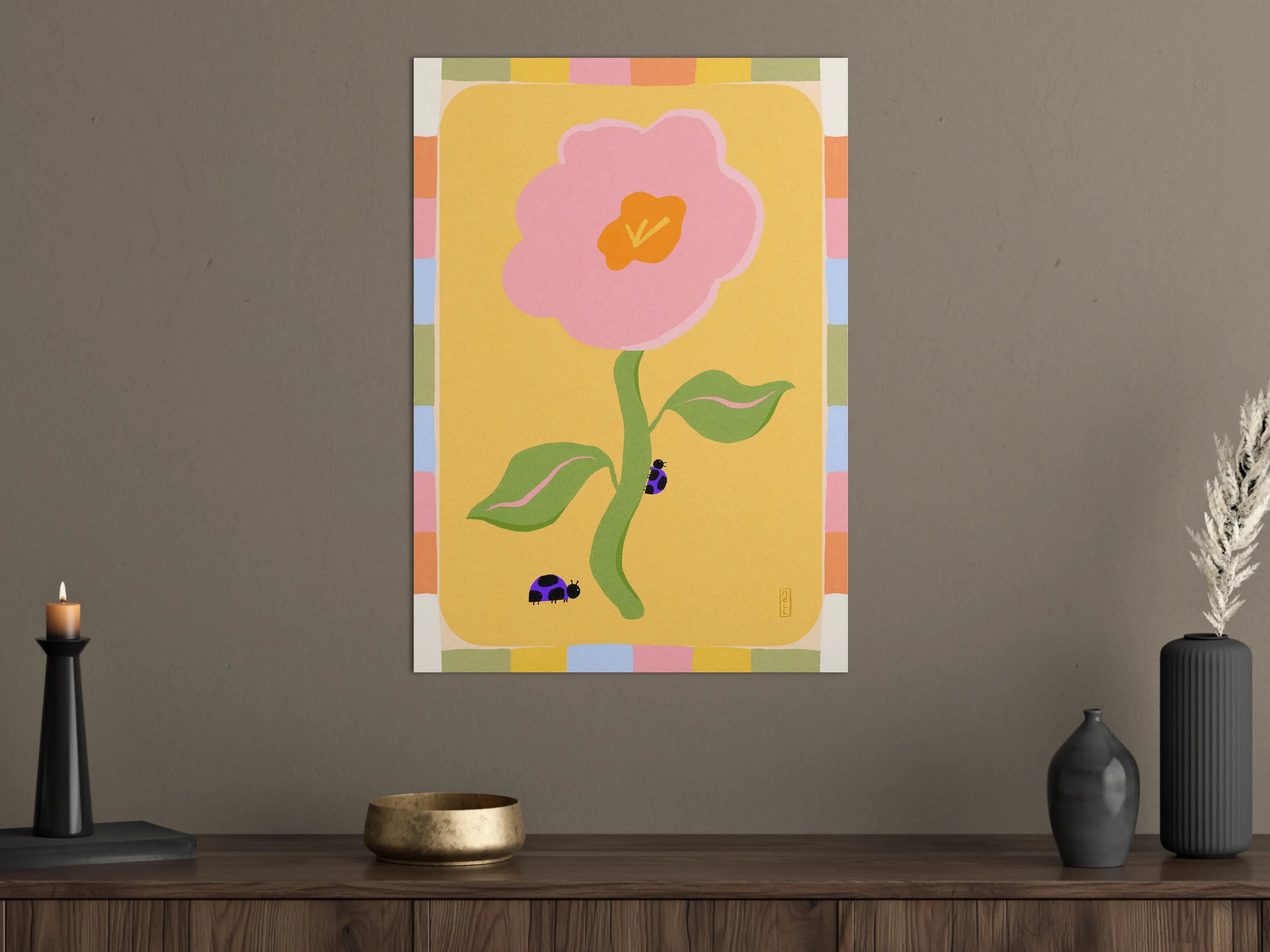 Große Wandbilder - Verspieltes Blumenmotiv mit Käfern in Pastellfarben