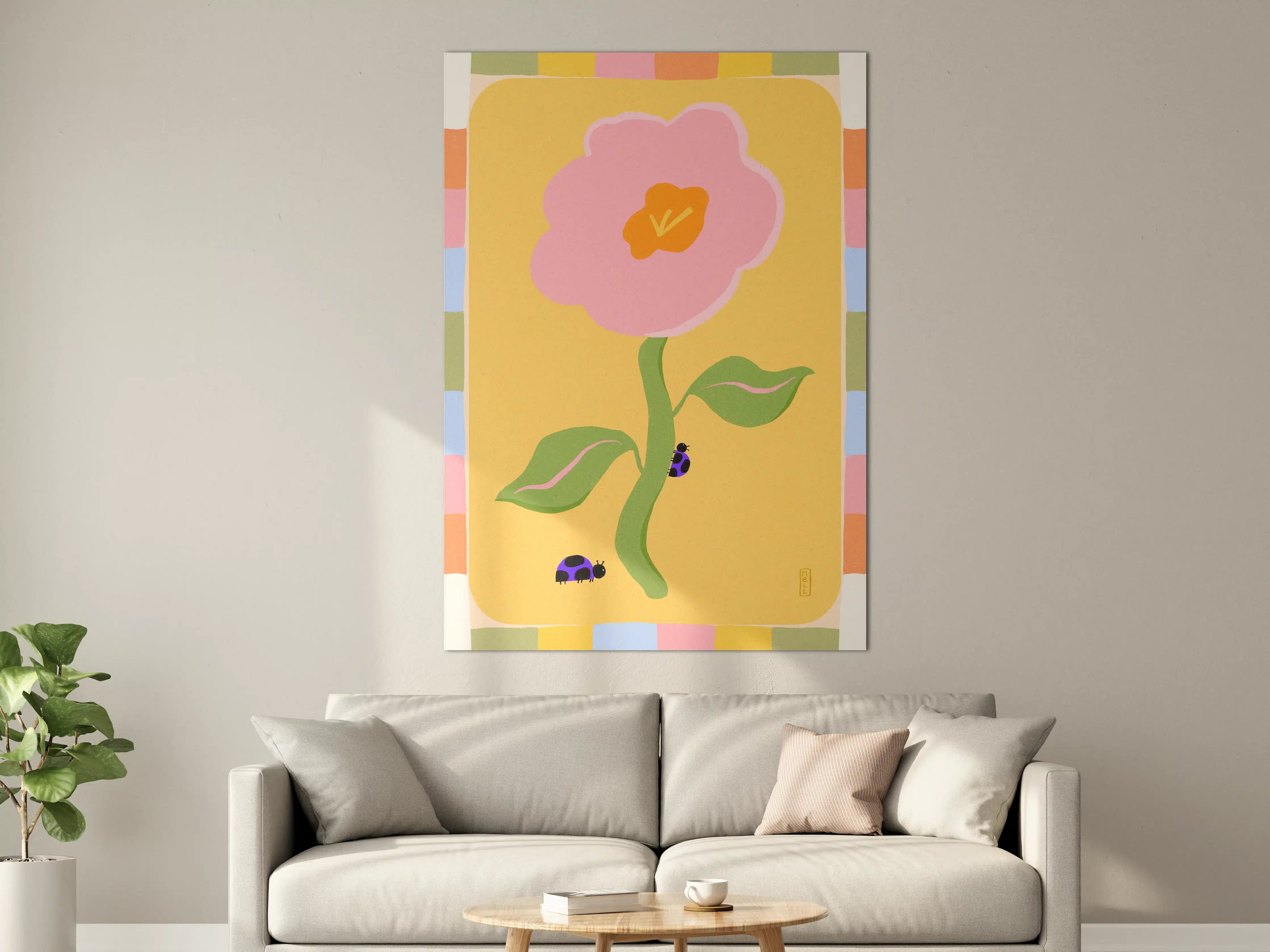 Große Wandbilder - Verspieltes Blumenmotiv mit Käfern in Pastellfarben