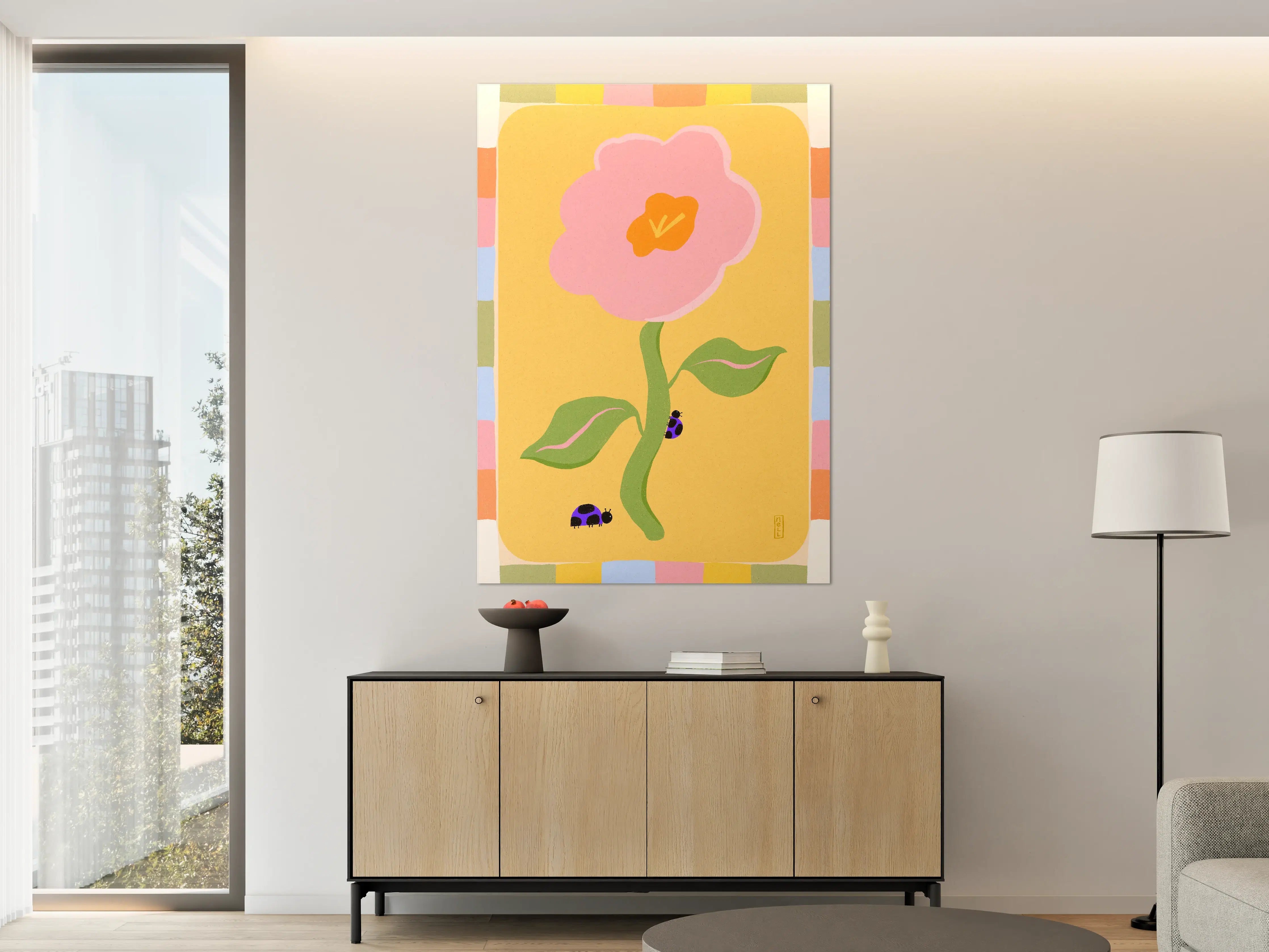Große Wandbilder - Verspieltes Blumenmotiv mit Käfern in Pastellfarben