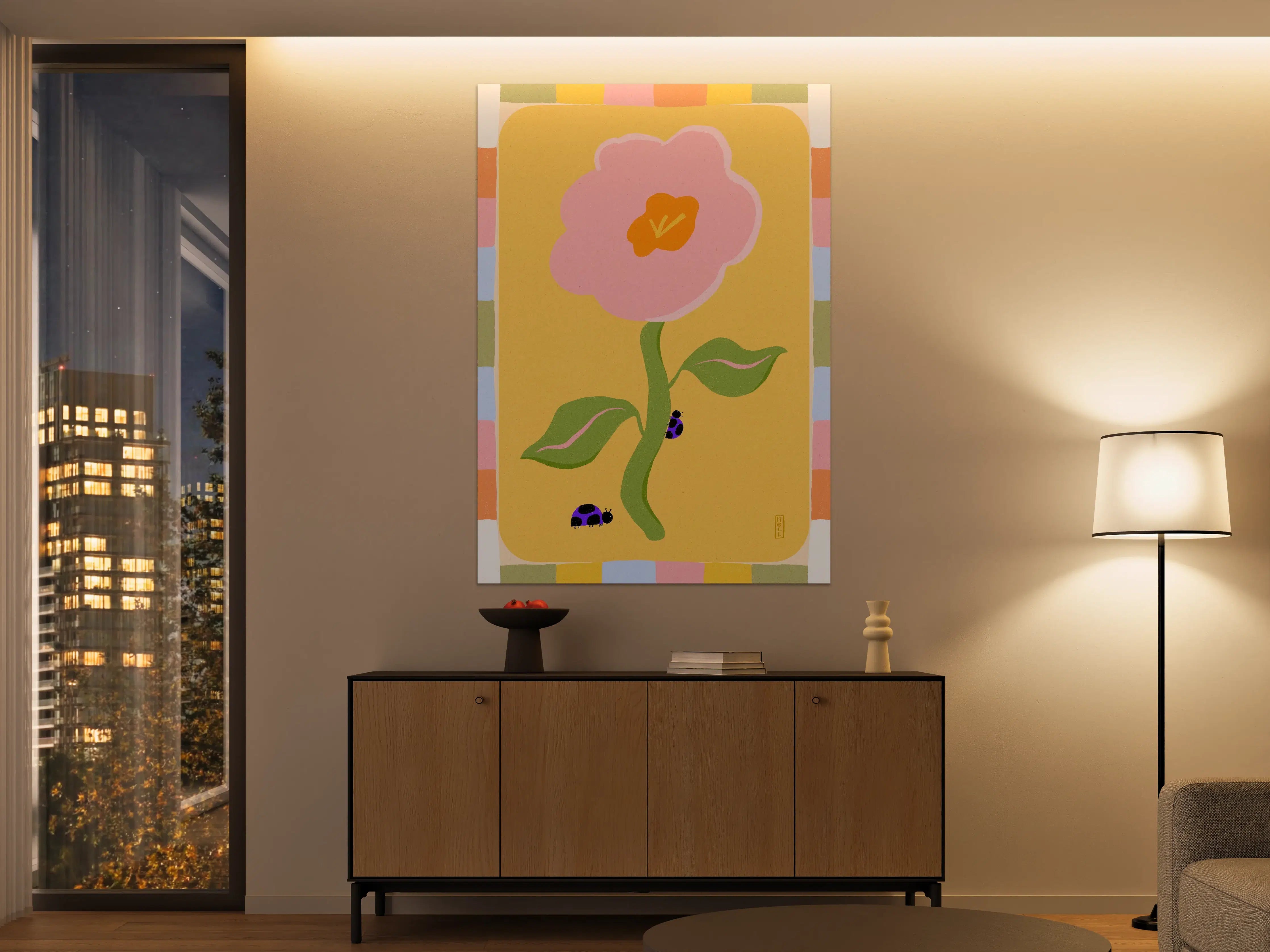 Große Wandbilder - Verspieltes Blumenmotiv mit Käfern in Pastellfarben