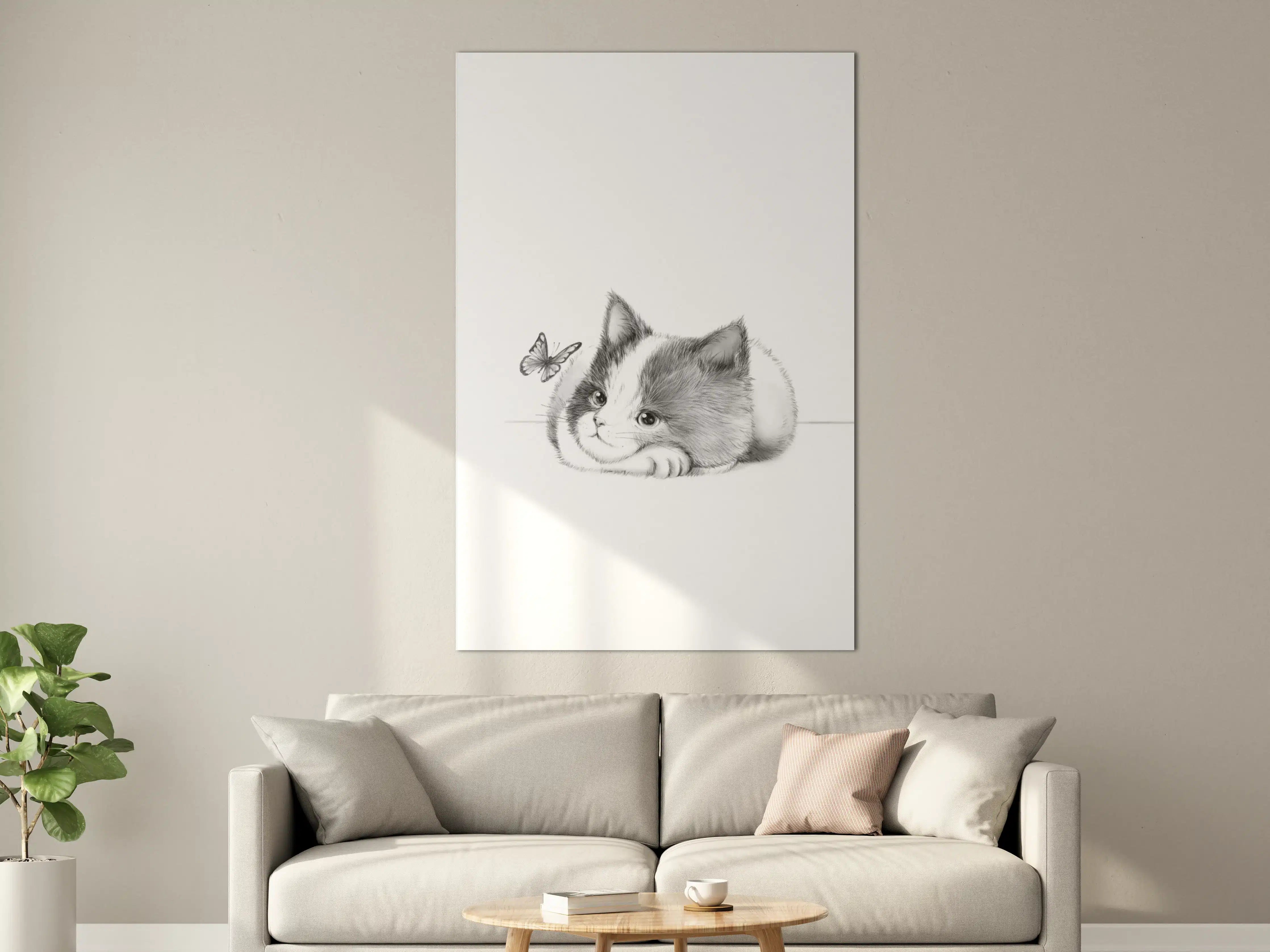 Große Wandbilder - Verspieltes Kätzchen mit Schmetterling in Schwarz-Weiß