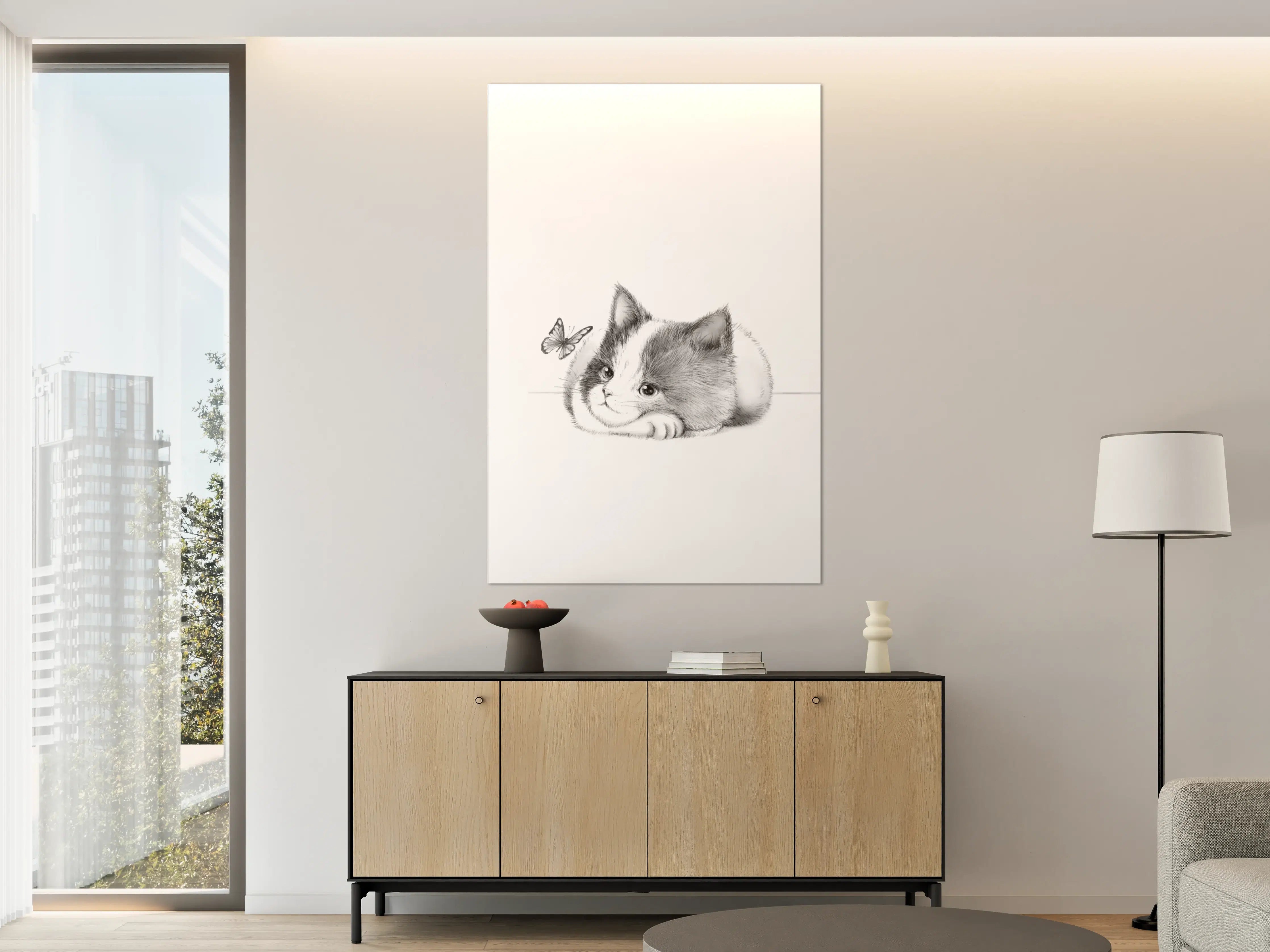 Große Wandbilder - Verspieltes Kätzchen mit Schmetterling in Schwarz-Weiß