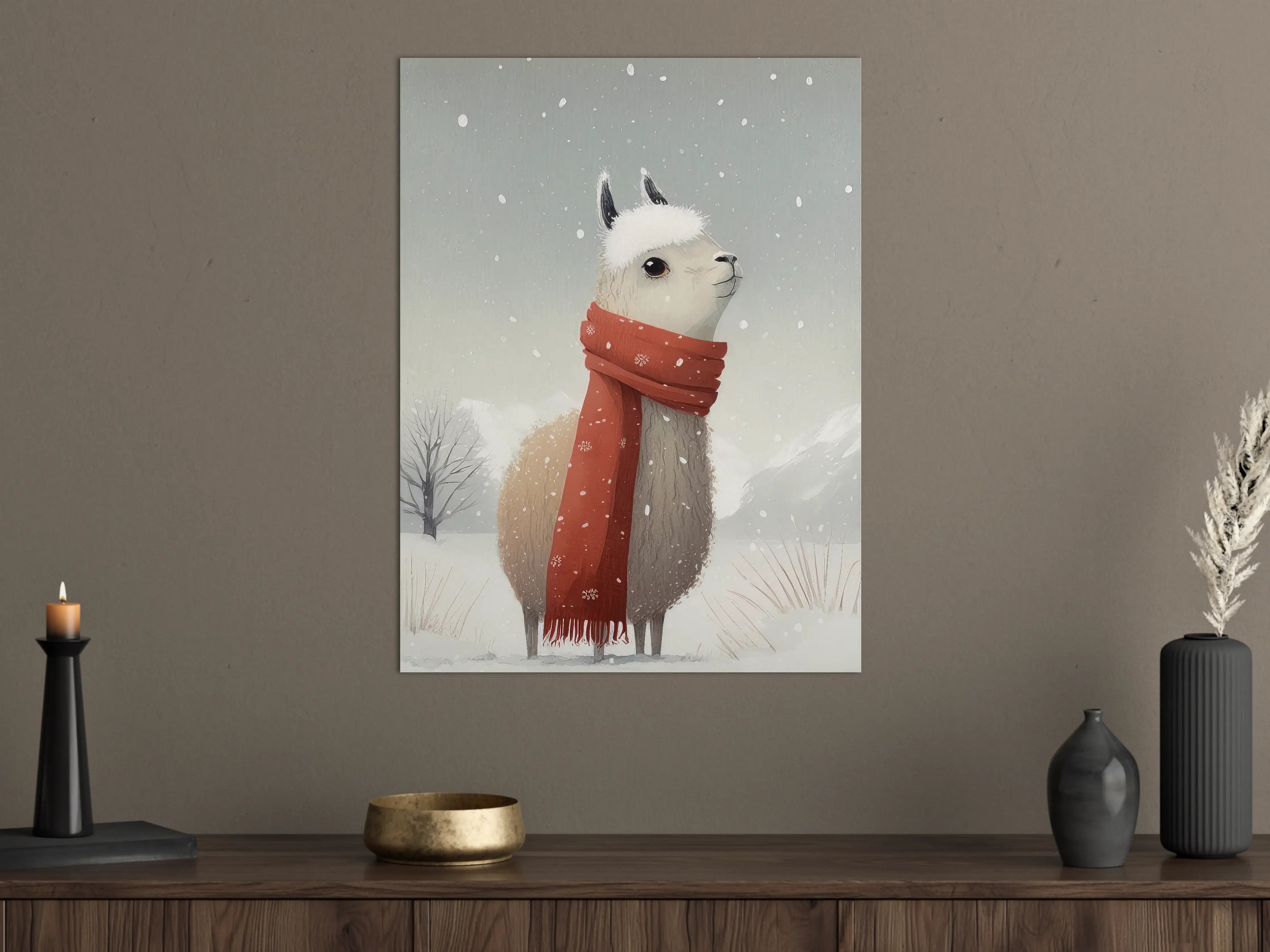 Große Wandbilder - Verspieltes Lama im Winter mit roter Schal