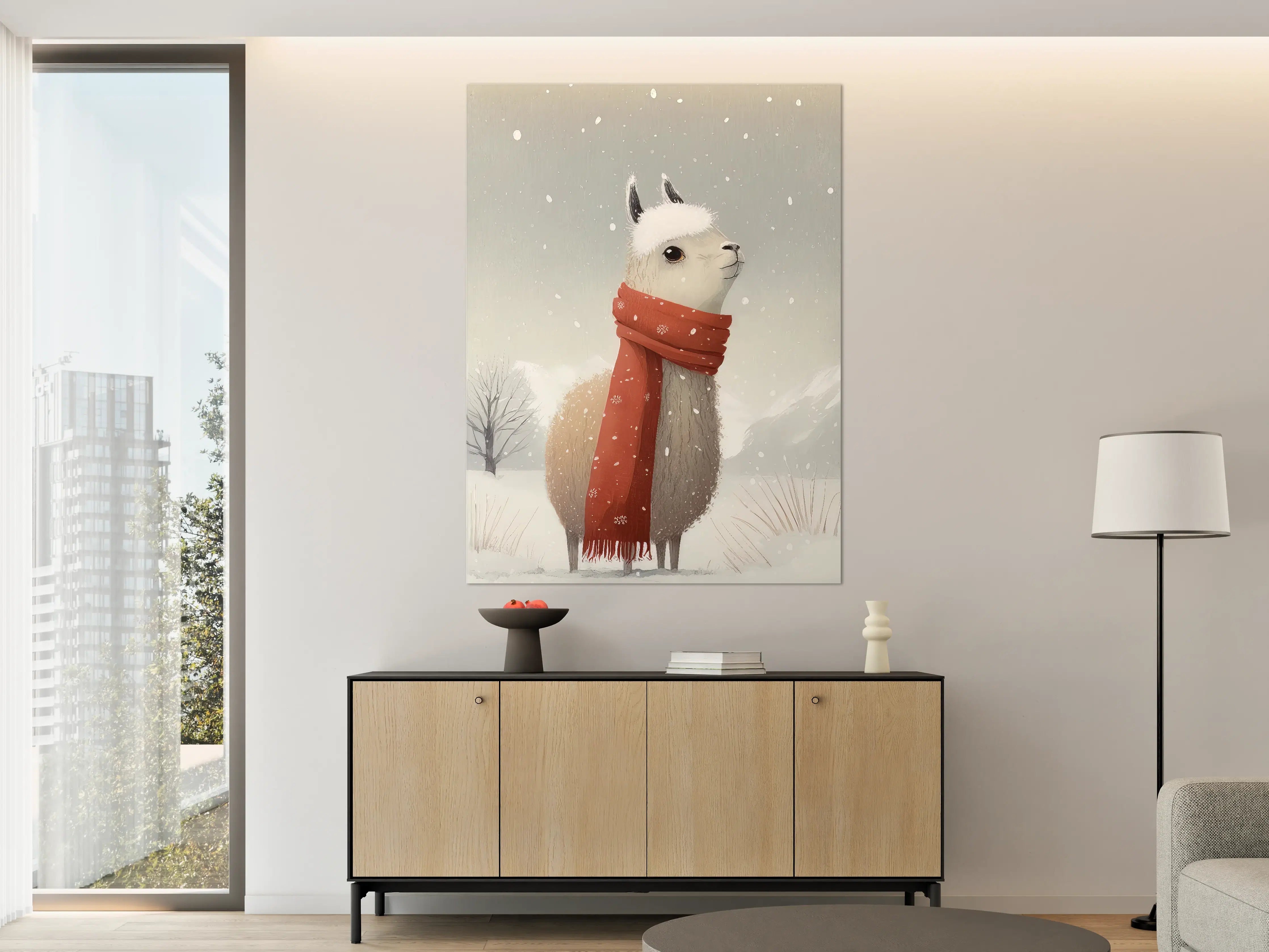 Große Wandbilder - Verspieltes Lama im Winter mit roter Schal