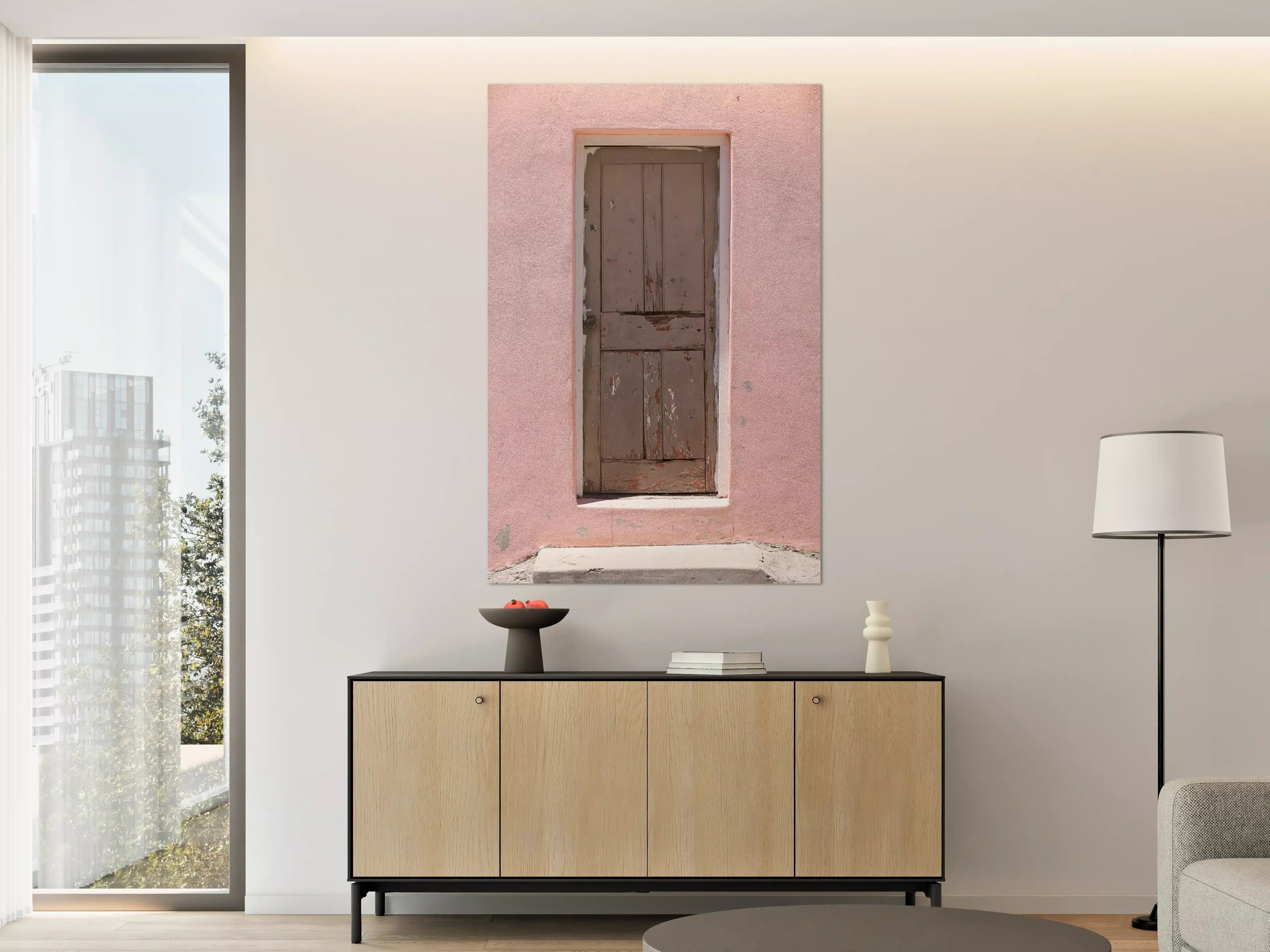 Große Wandbilder - Verwitterte Holztür Rosa Wand