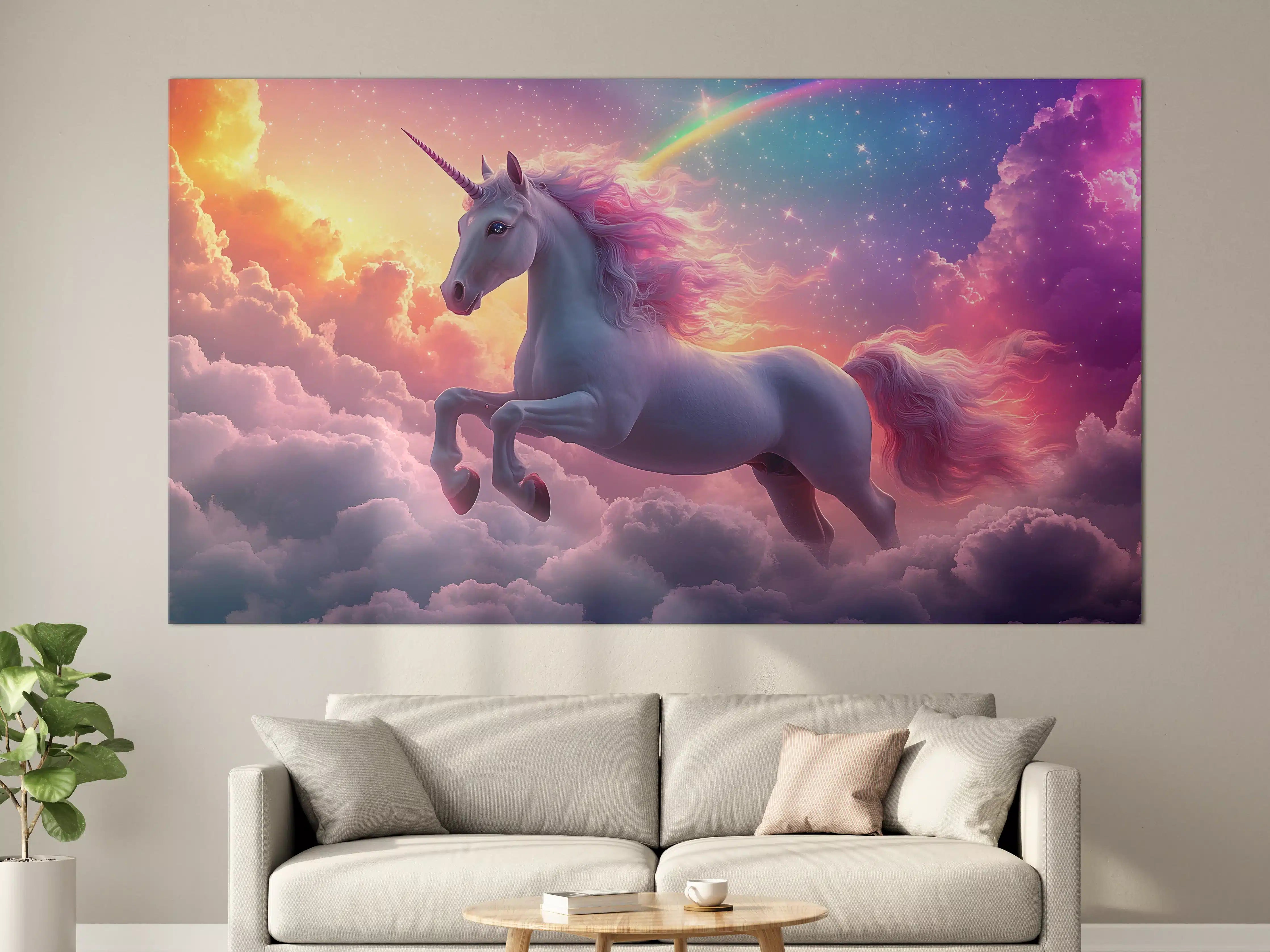 Große Wandbilder - Verzauberter Einhorn-Himmel in Grau- und Regenbogentönen