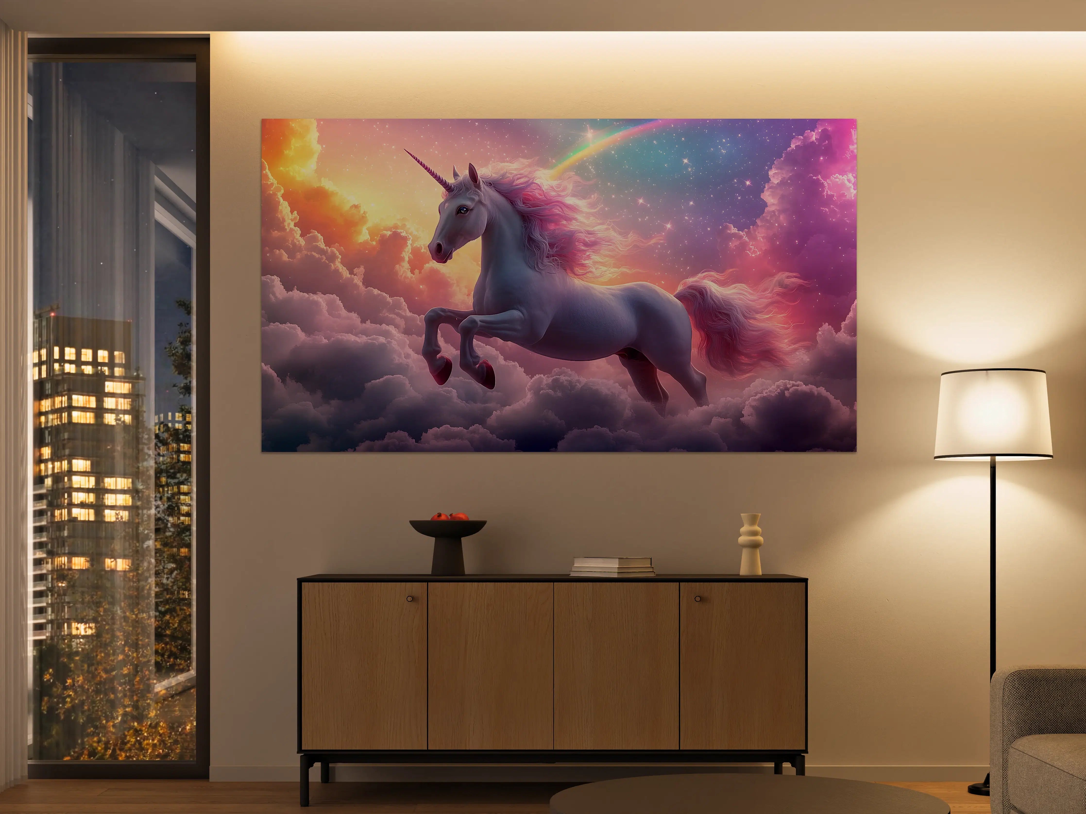 Große Wandbilder - Verzauberter Einhorn-Himmel in Grau- und Regenbogentönen