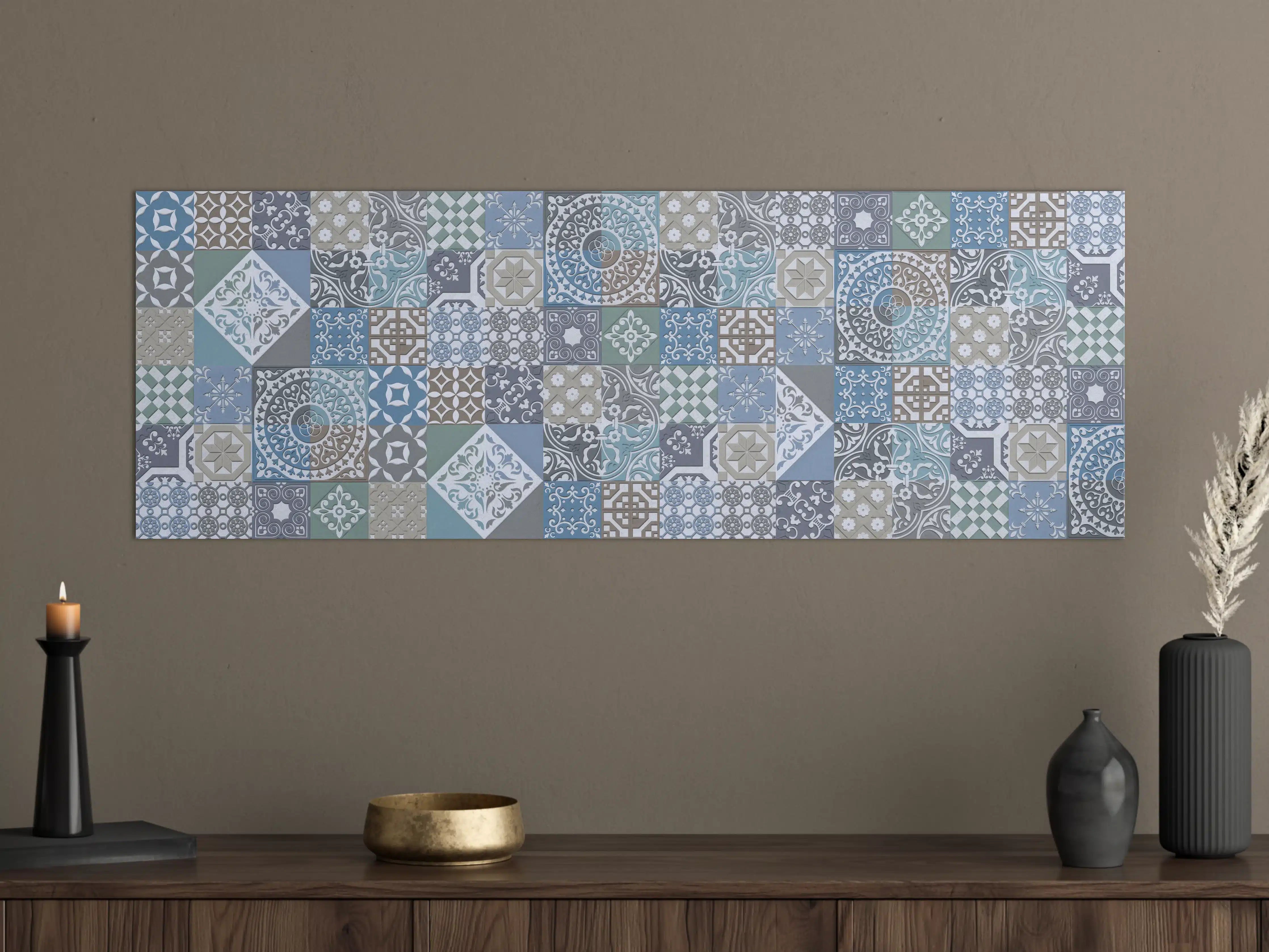 Große Wandbilder - Vielfältige Fliesen in Blau, Grau & Beige