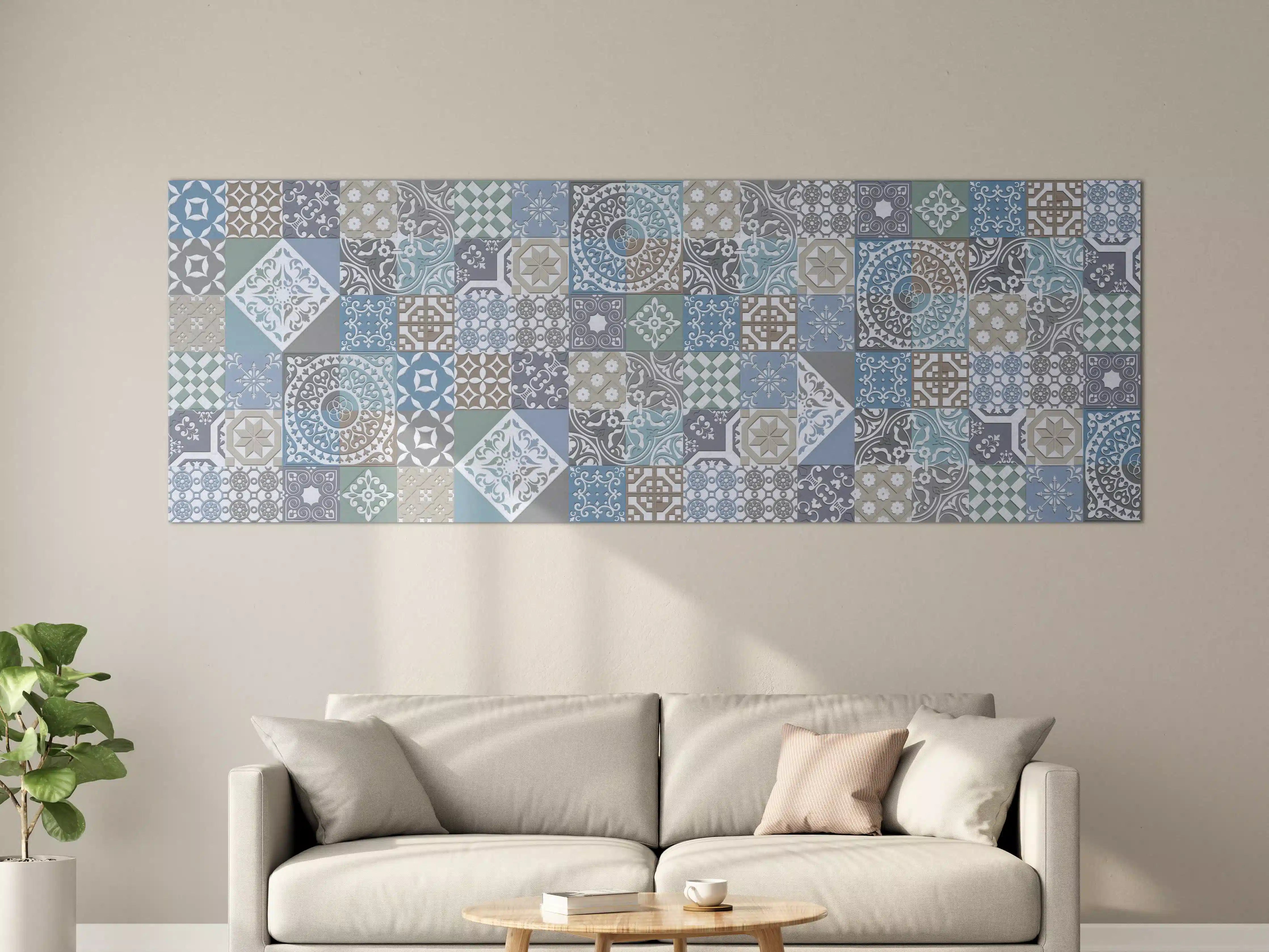 Große Wandbilder - Vielfältige Fliesen in Blau, Grau & Beige