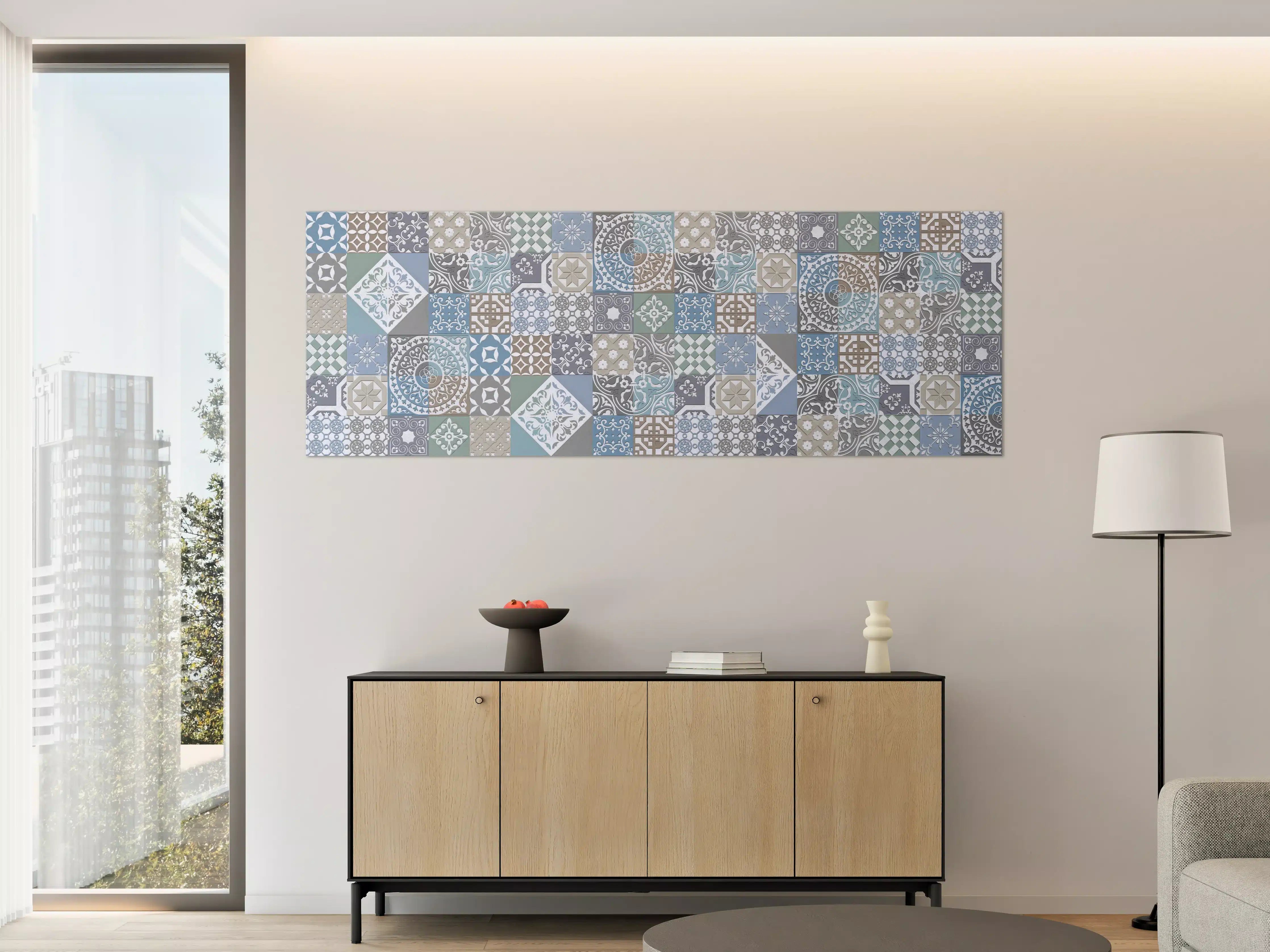 Große Wandbilder - Vielfältige Fliesen in Blau, Grau & Beige