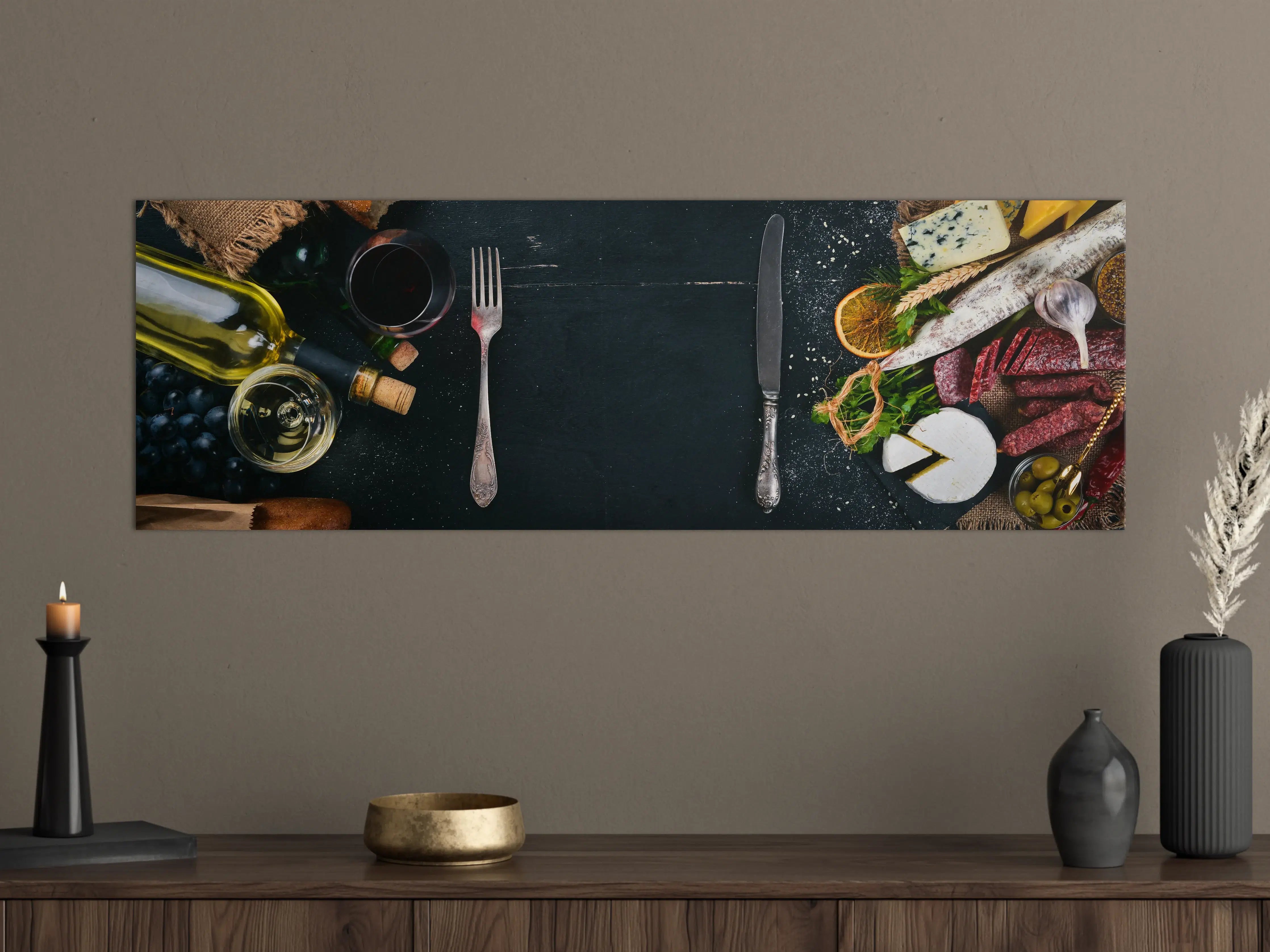 Große Wandbilder - Vielseitiger Gourmet-Tisch mit Wein und Käse