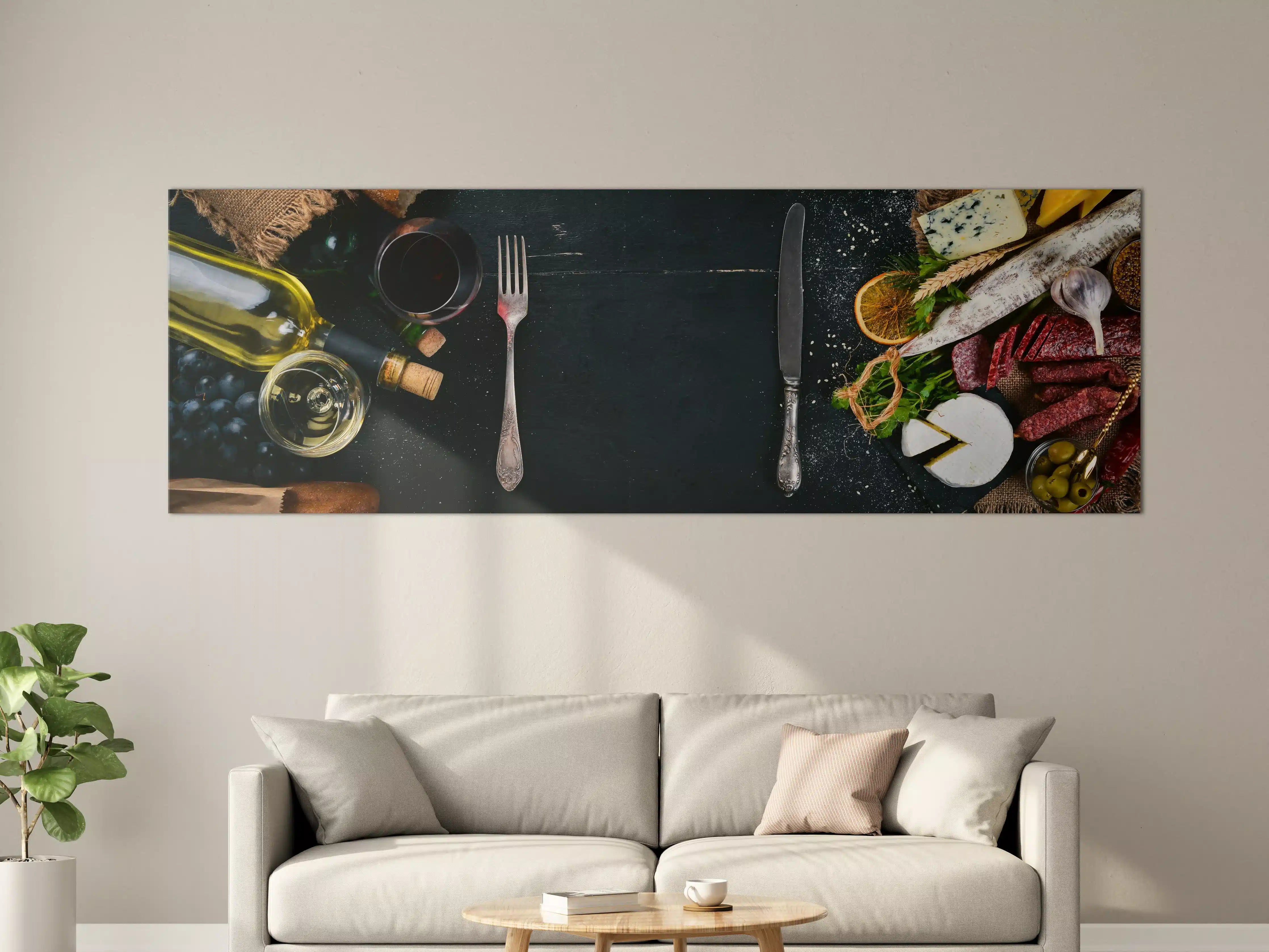 Große Wandbilder - Vielseitiger Gourmet-Tisch mit Wein und Käse