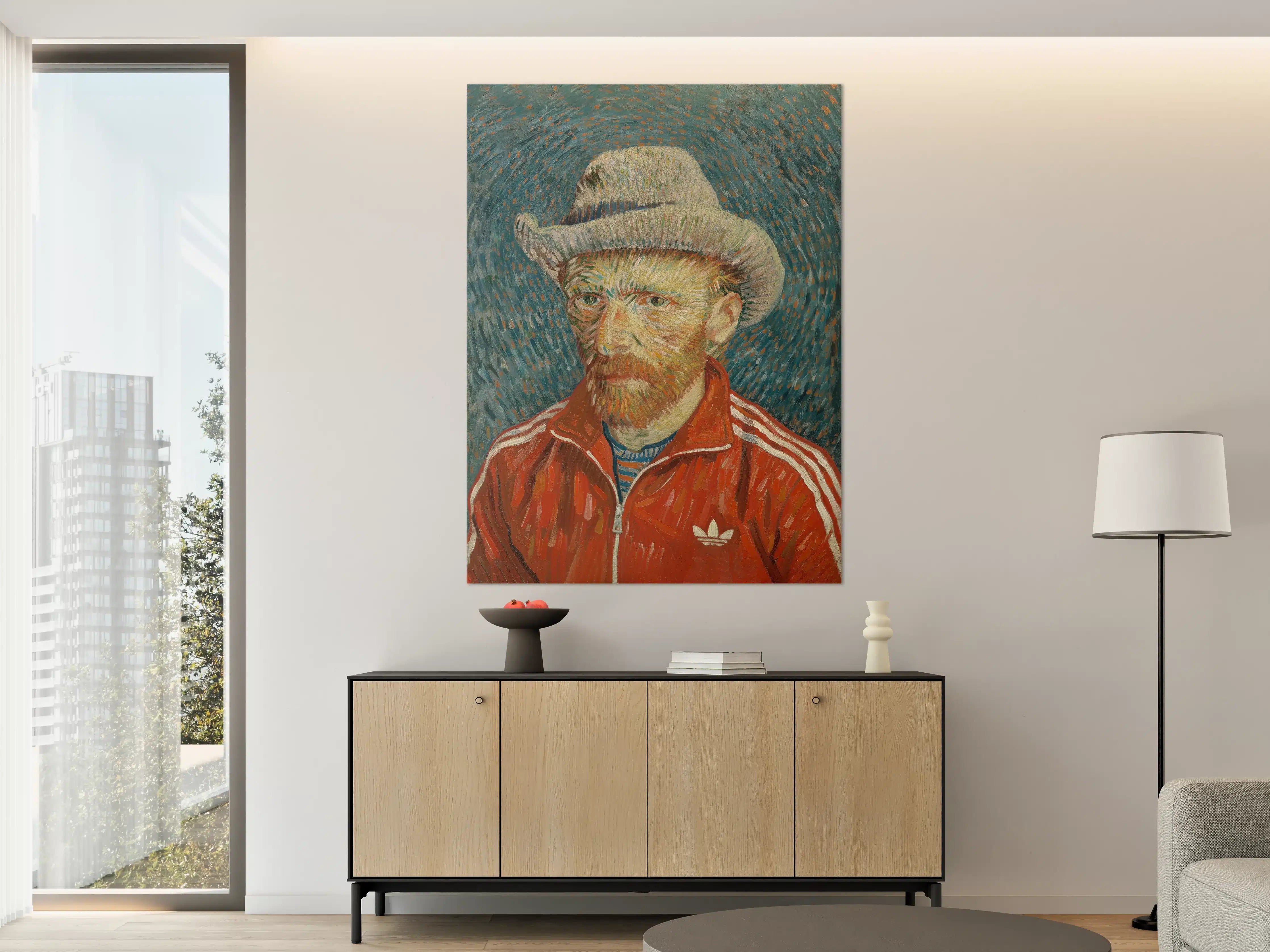 Große Wandbilder - Vincent van Gogh Stilporträt mit rotem Adidas-Trainingsanzug und Melone