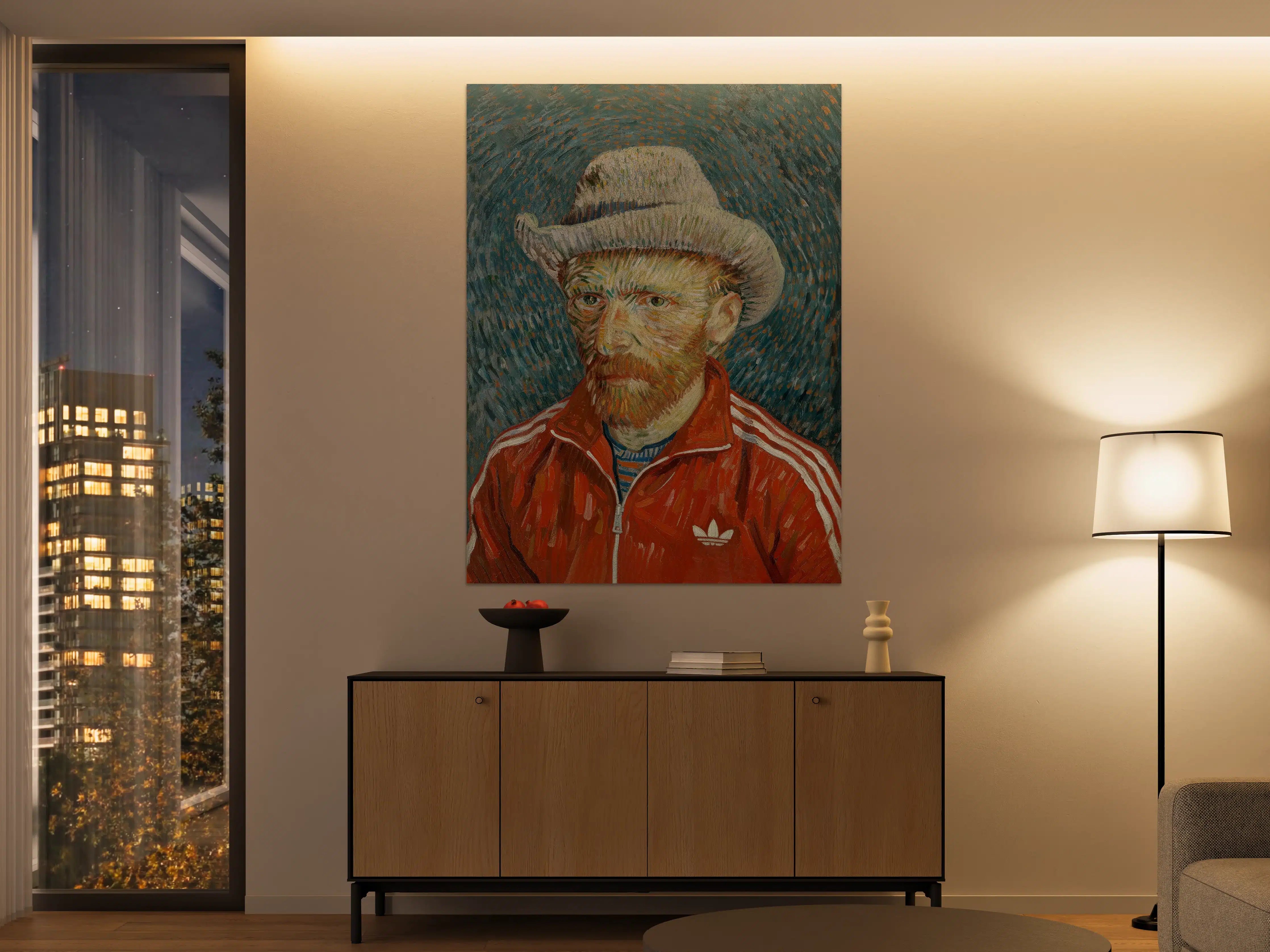 Große Wandbilder - Vincent van Gogh Stilporträt mit rotem Adidas-Trainingsanzug und Melone