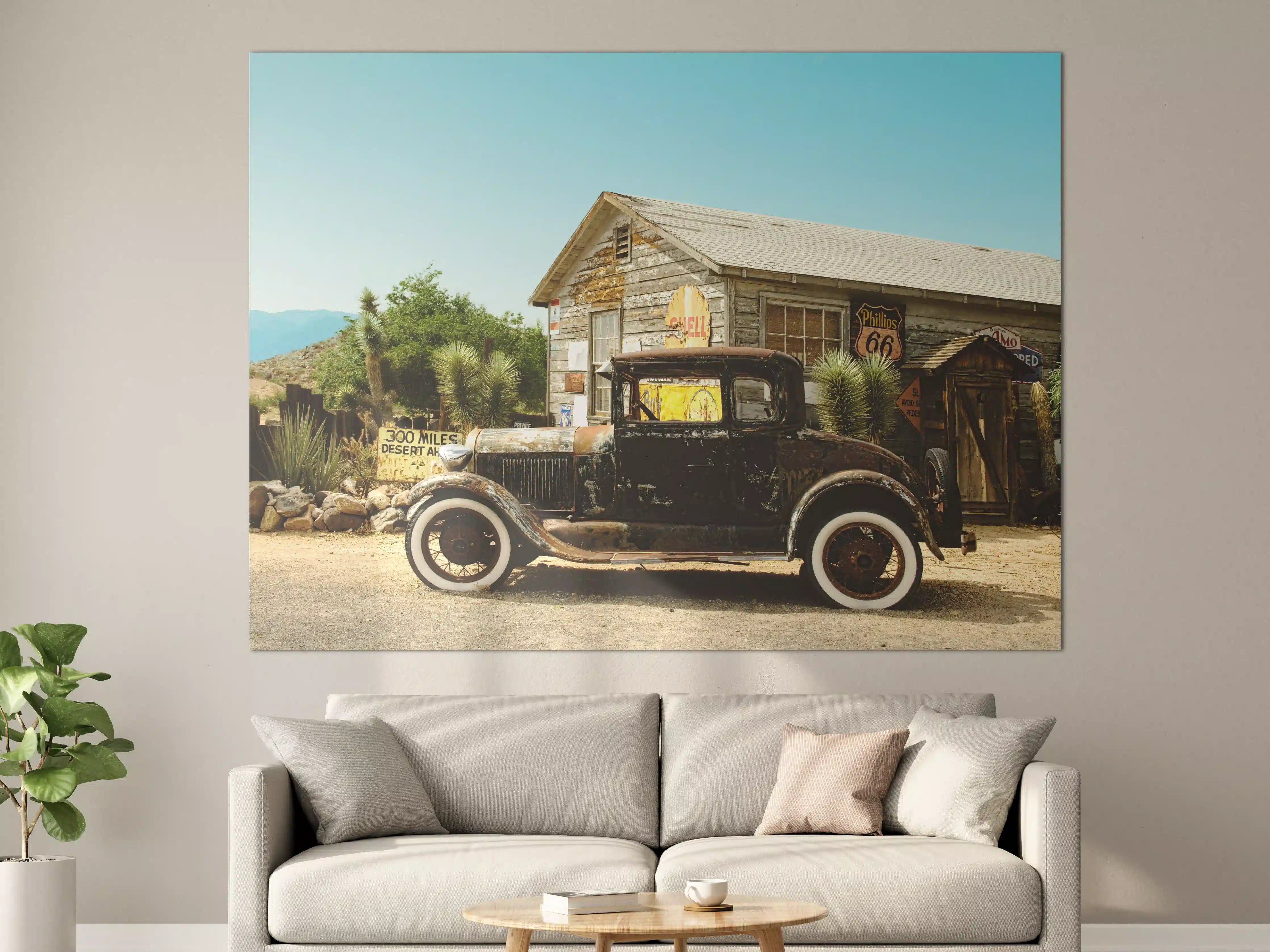 Große Wandbilder - Vintage-Auto vor Retro-Tankstelle