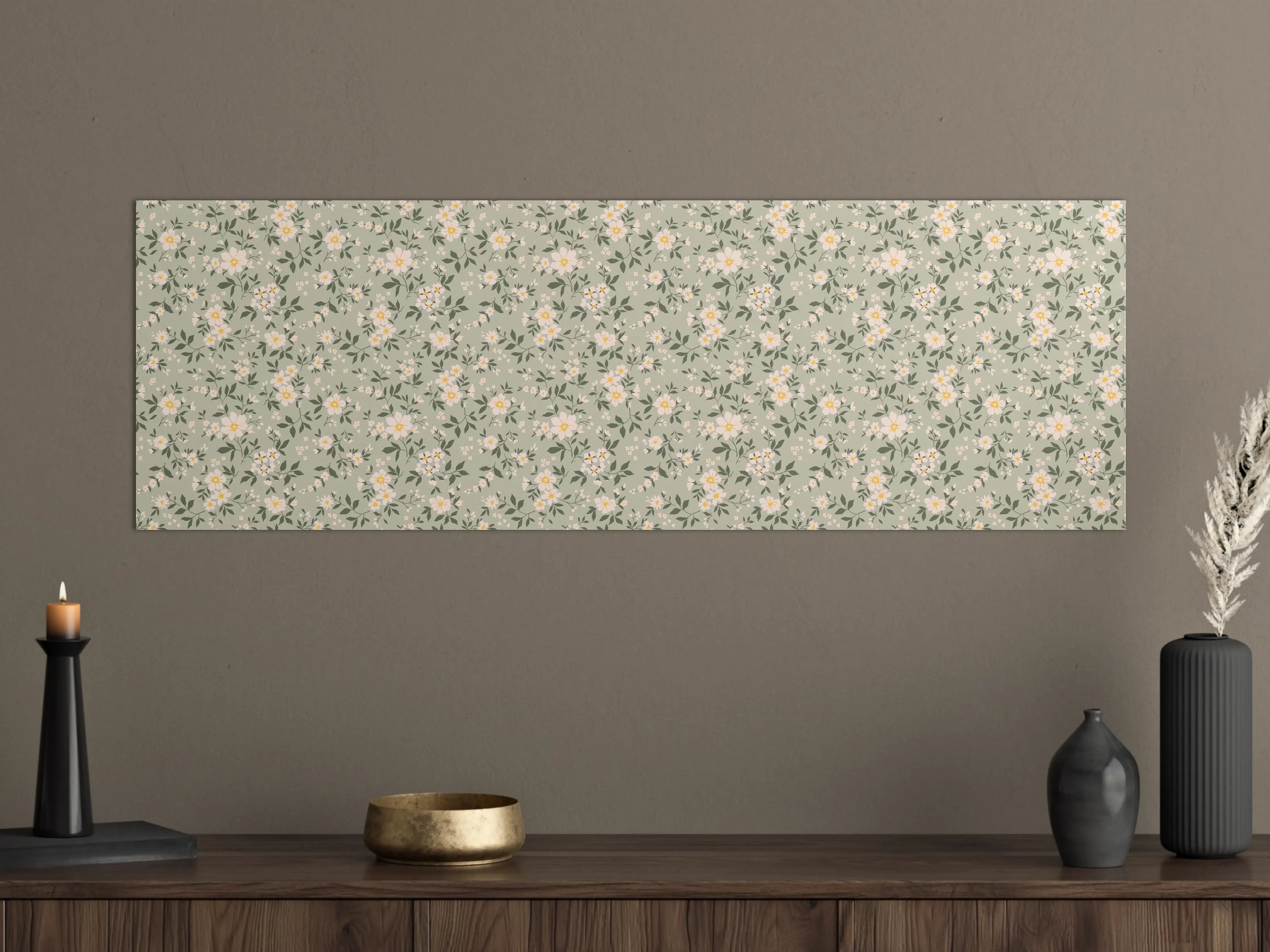 Große Wandbilder - Vintage Ditsy Blumenmuster Grün-Beige
